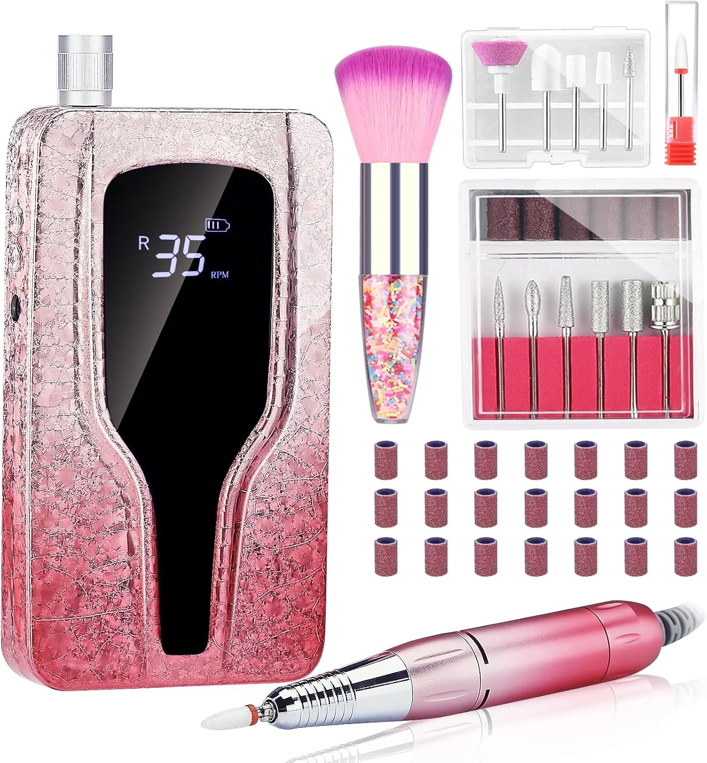 دستگاه سوهان برقی ناخن LEEMOOP، 35000 دور در دقیقه، به همراه 12 سری سوهان، دستگاه سوهان ناخن حرفه ای برای ناخن های ژلیش و اکریلیک، ست سوهان برقی بی سیم برای مانیکور و پدیکور