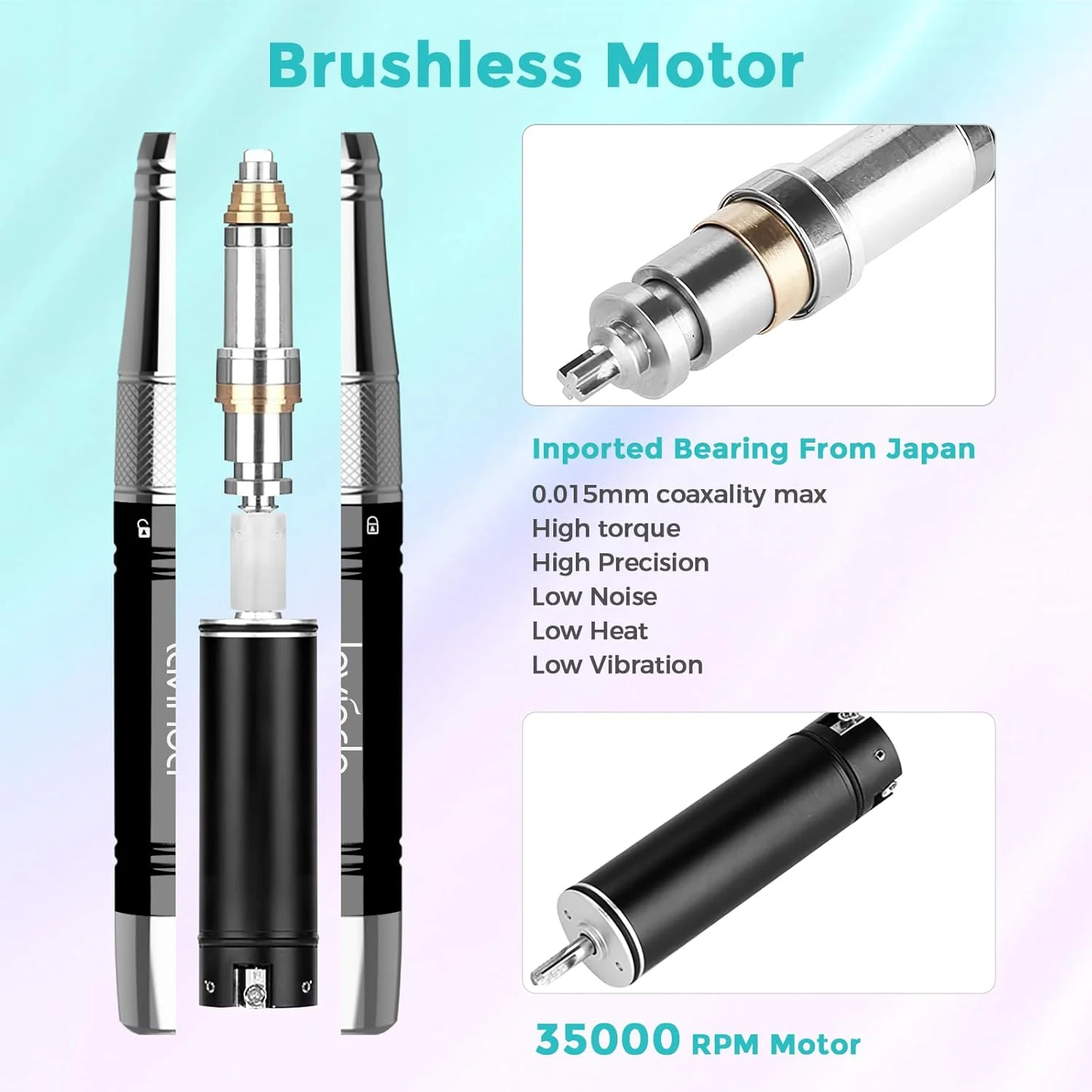 دستگاه سوهان برقی ناخن حرفه ای لاویندا، بی سیم قابل شارژ 35000 دور در دقیقه، سوهان برقی قابل حمل برای ناخن های اکریلیک با پایه شارژ، گرادیان سبز بنفش براق