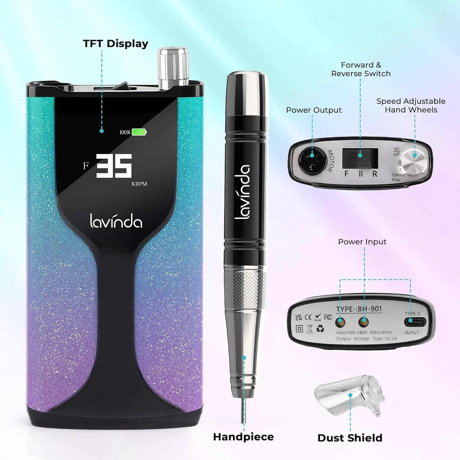 دستگاه سوهان برقی ناخن حرفه ای لاویندا، بی سیم قابل شارژ 35000 دور در دقیقه، سوهان برقی قابل حمل برای ناخن های اکریلیک با پایه شارژ، گرادیان سبز بنفش براق
