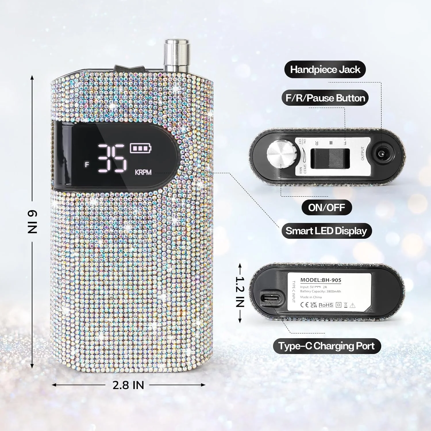 دستگاه سوهان برقی ناخن حرفه ای شارژی لاویندا، الماس 35000 دور در دقیقه، سوهان برقی ناخن بی سیم قابل حمل با موتور بدون هسته برای ناخن های اکریلیک، ابزار مانیکور پدیکور، الماس کریستالی