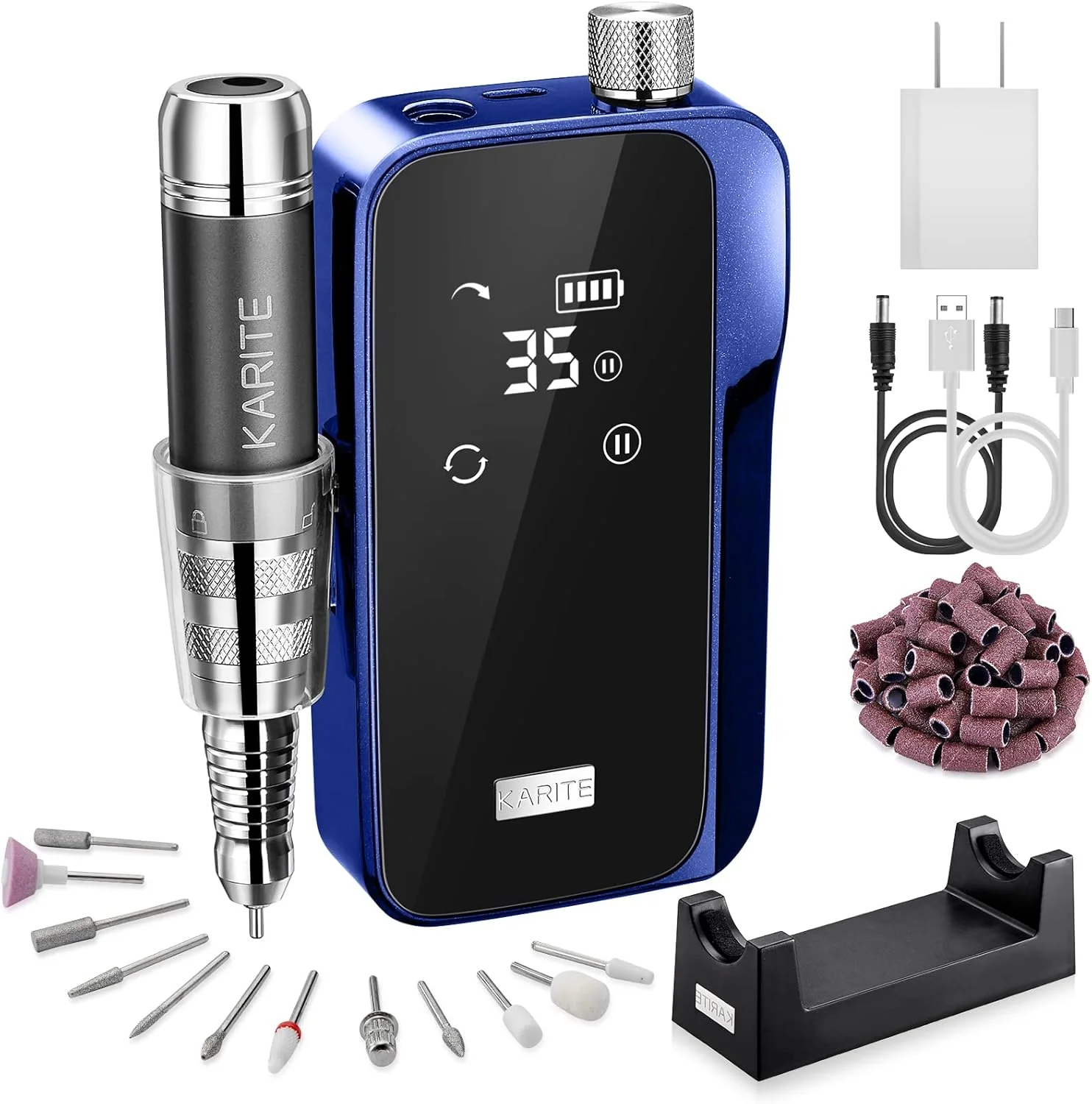 دستگاه سوهان برقی ناخن قابل شارژ KARITE با 24 ساعت زمان کار و سرعت 35000 دور در دقیقه، دستگاه حرفه ای سوهان برقی ناخن اکریلیک، سوهان برقی قابل حمل با 13 سر، موتور بدون هسته برای مانیکور و پدیکور ناخن