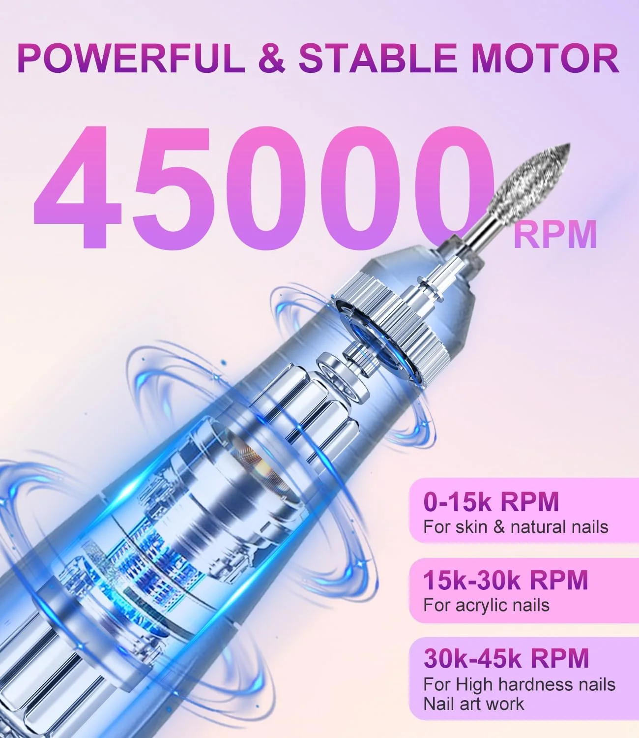 دستگاه سوهان برقی ناخن RYUNVOVO، سوهان برقی قابل حمل 45000 دور در دقیقه، کیت سوهان برقی شارژی، سوهان برقی بی سیم برای کاشت ناخن، مانیکور و پدیکور - مناسب برای استفاده در سالن و منزل، صورتی