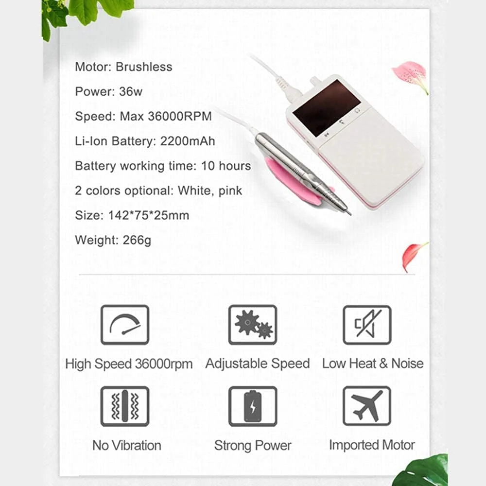 دستگاه سوهان برقی ناخن شارژی 36000 دور در دقیقه، سوهان برقی ناخن برای برداشتن سریع لاک ناخن اکریلیک، ژل کاشت ناخن، پولیش و کوتیکول همراه با پدال پا، صورتی