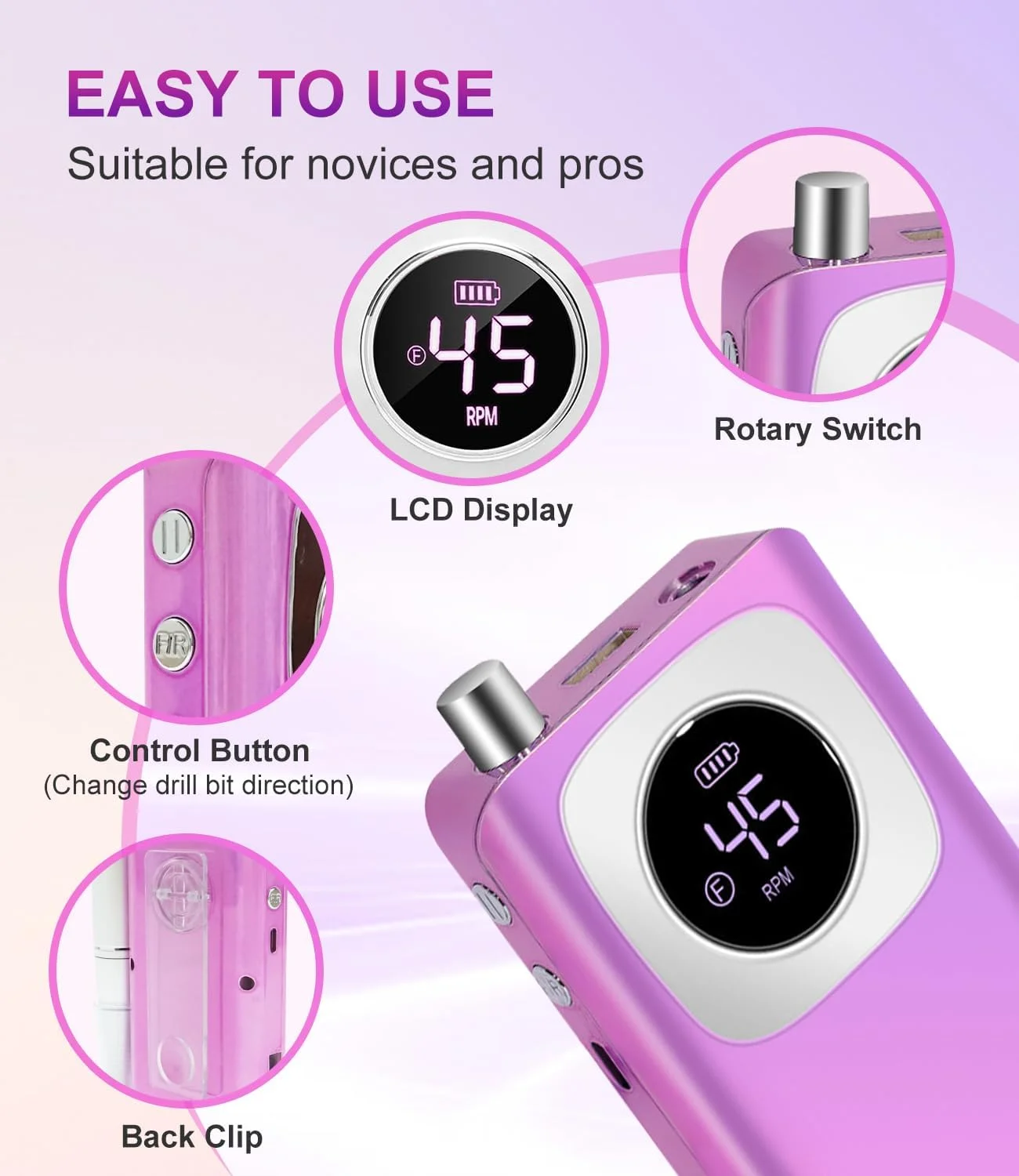 دستگاه سوهان برقی ناخن RYUNVOVO، سوهان برقی قابل حمل 45000 دور در دقیقه، کیت سوهان برقی شارژی، سوهان برقی بی سیم برای کاشت ناخن، مانیکور و پدیکور - مناسب برای استفاده در سالن و منزل، صورتی