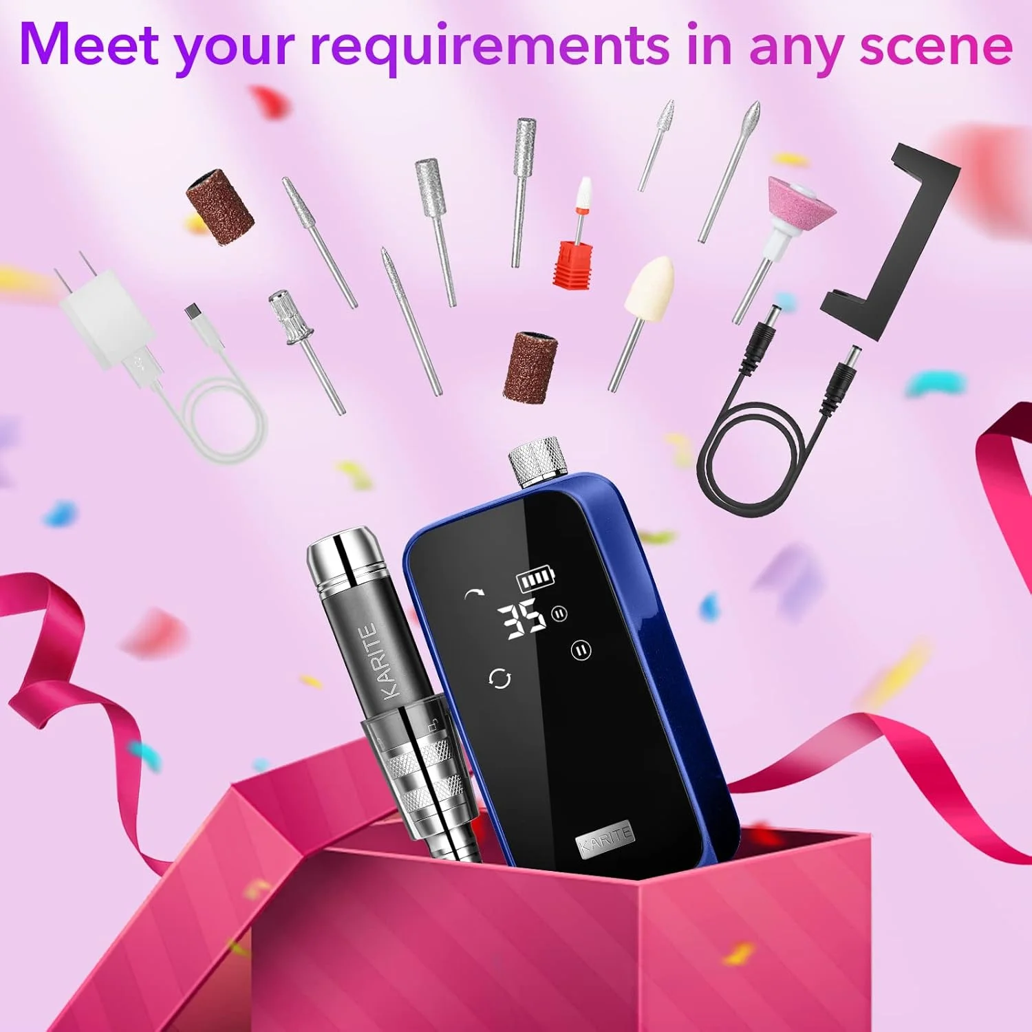 دستگاه سوهان برقی ناخن قابل شارژ KARITE با 24 ساعت زمان کار و سرعت 35000 دور در دقیقه، دستگاه حرفه ای سوهان برقی ناخن اکریلیک، سوهان برقی قابل حمل با 13 سر، موتور بدون هسته برای مانیکور و پدیکور ناخن