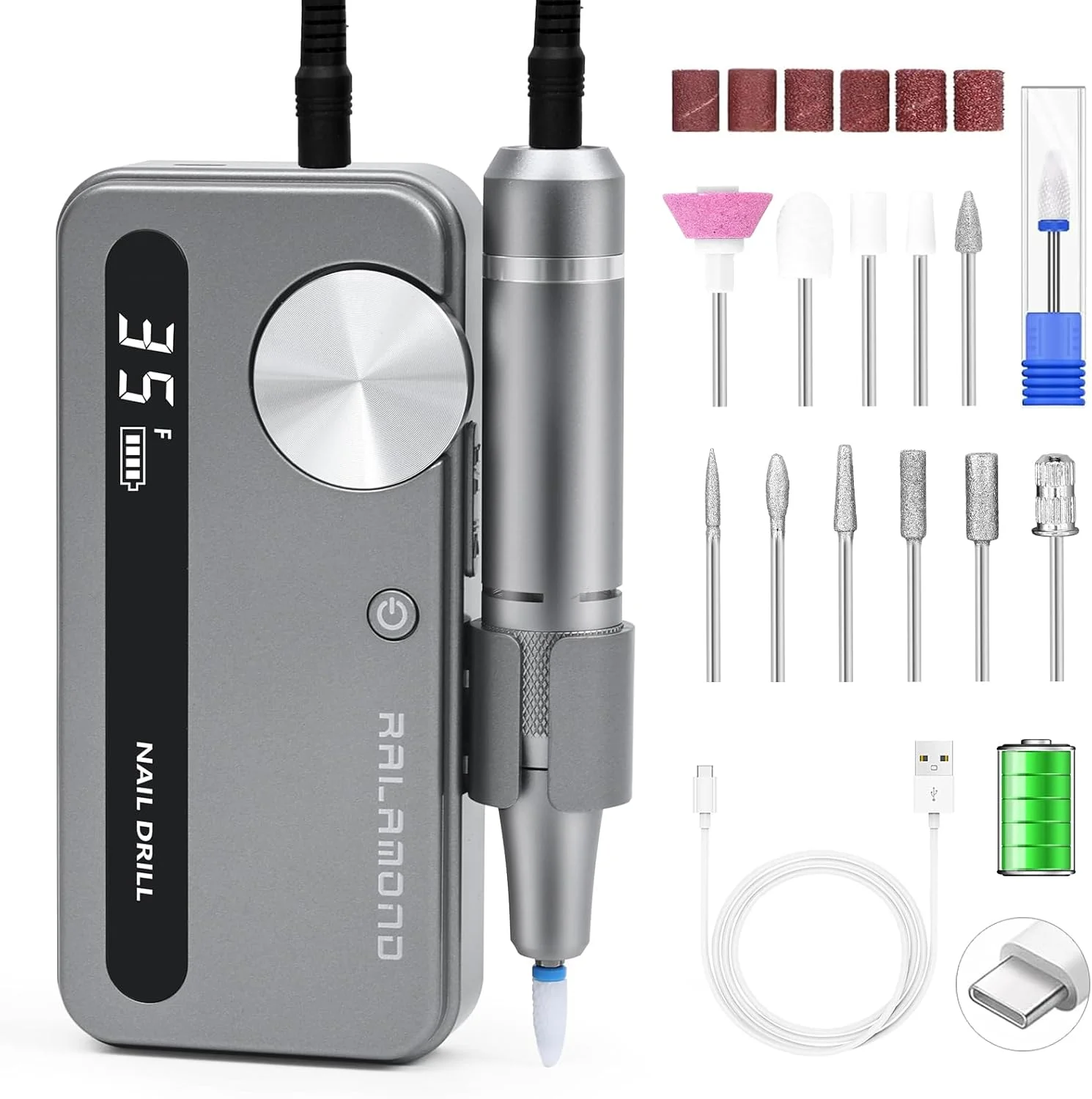 دستگاه سوهان ناخن برقی بی سیم RALAMOND، 35000 دور در دقیقه، قابل شارژ، کیت سوهان ناخن حرفه ای با سرعت و جهت قابل تنظیم، ابزار مانیکور بی سیم قابل حمل برای سالن و خانه (خاکستری)