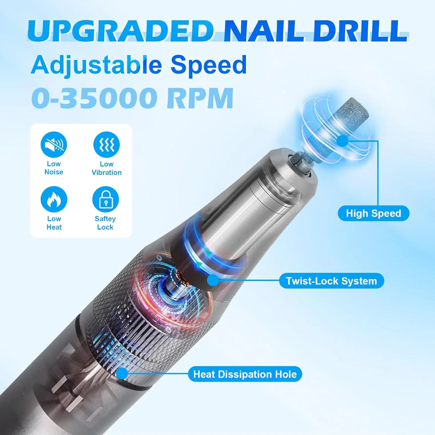 دستگاه سوهان ناخن برقی بی سیم RALAMOND، 35000 دور در دقیقه، قابل شارژ، کیت سوهان ناخن حرفه ای با سرعت و جهت قابل تنظیم، ابزار مانیکور بی سیم قابل حمل برای سالن و خانه (خاکستری)