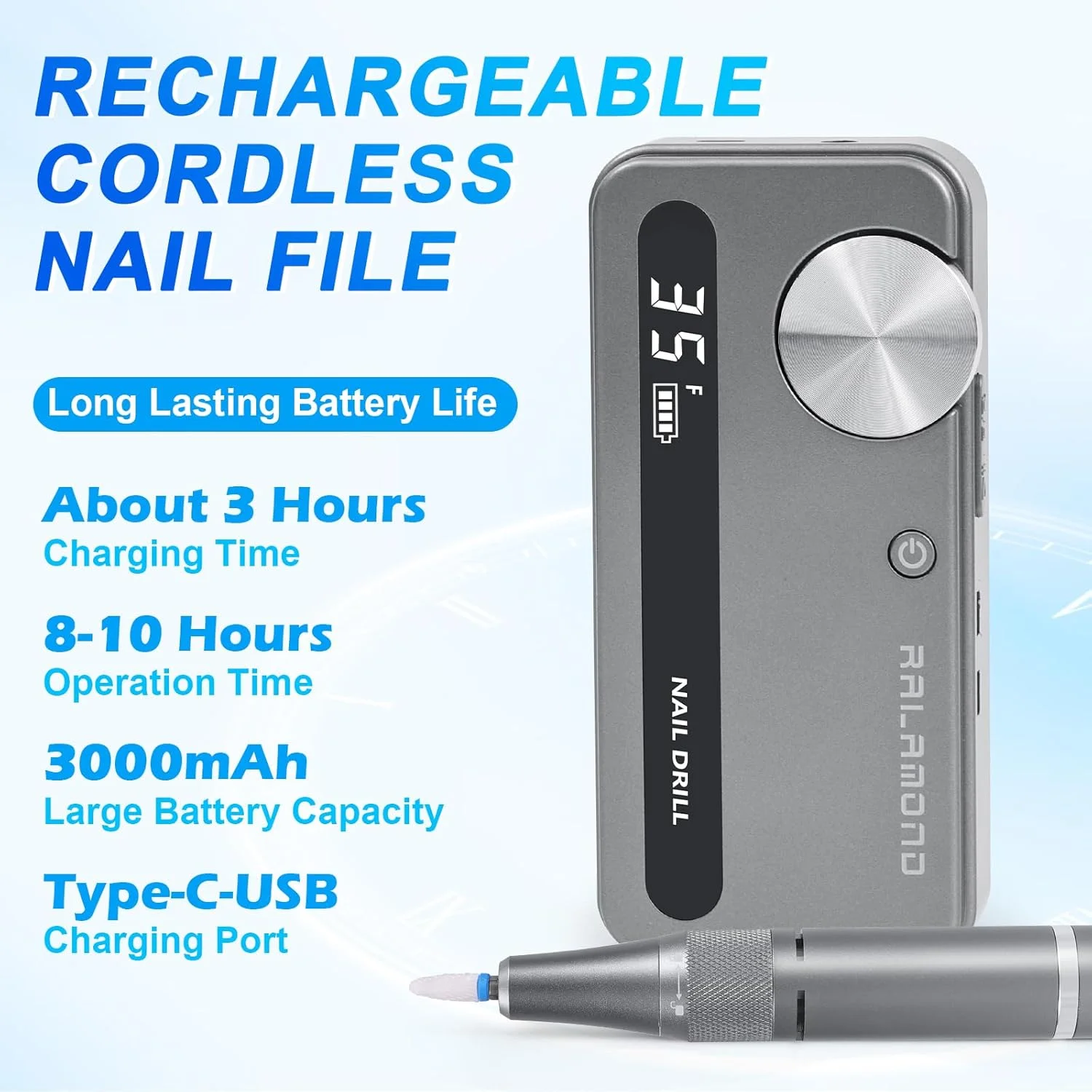 دستگاه سوهان ناخن برقی بی سیم RALAMOND، 35000 دور در دقیقه، قابل شارژ، کیت سوهان ناخن حرفه ای با سرعت و جهت قابل تنظیم، ابزار مانیکور بی سیم قابل حمل برای سالن و خانه (خاکستری)