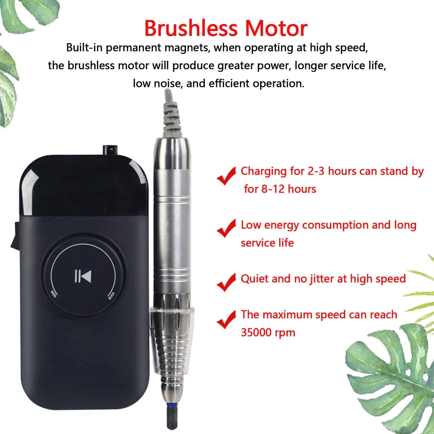 دستگاه سوهان برقی ناخن QJJML براشلس 35000 دور در دقیقه برای ناخن های اکریلیک، لاک ژل، ست کیت سوهان برقی ناخن، با سر سوهان سرامیکی، طراحی منحصر به فرد مانیکور برای استفاده خانگی و سالن حرفه ای