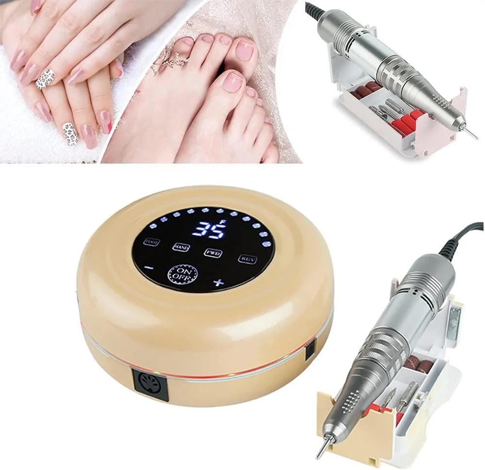 ست دریل برقی ناخن QJJML، پولیشر سنباده ای قلمی مانیکور با 4 عدد مته قابل تعویض و نوارهای سنباده برای لایه برداری، سوهان کشی، پولیش، از بین بردن ناخن، ابزار ناخن اکریلیک، زرد