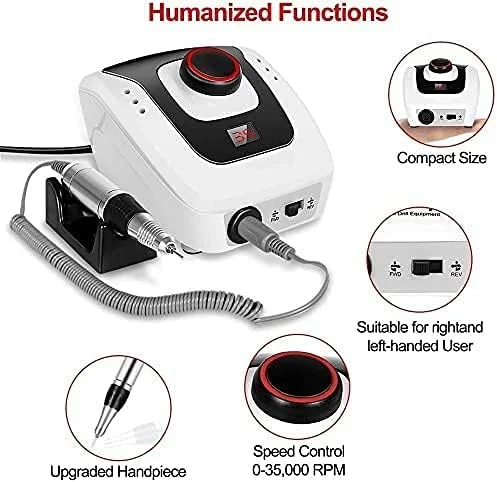 دستگاه سوهان برقی ناخن حرفه ای، دستگاه قابل حمل برقی برای شکل دادن، پولیش، برداشتن ناخن های اکریلیک، ژل، مانیکور و پدیکور (35000 دور در دقیقه)