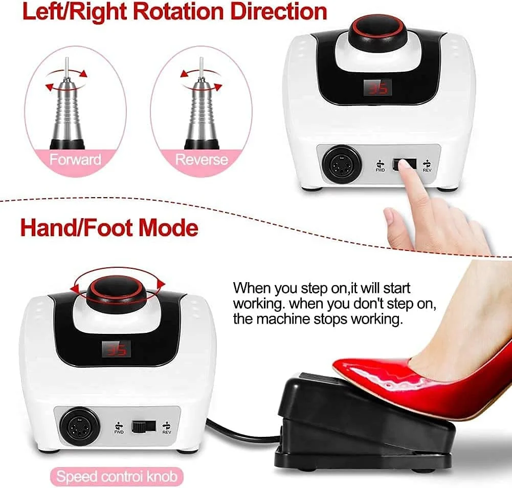 دستگاه سوهان برقی ناخن حرفه ای، دستگاه قابل حمل برقی برای شکل دادن، پولیش، برداشتن ناخن های اکریلیک، ژل، مانیکور و پدیکور (35000 دور در دقیقه)