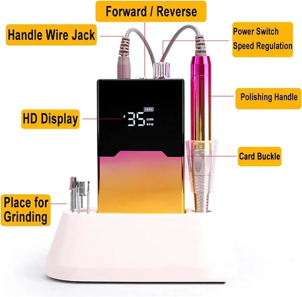 دستگاه سوهان برقی ناخن حرفه ای، 40000 دور در دقیقه، با نمایشگر سرعت و 6 سر سوهان، برای پدیکور ناخن های ژلی آکریلیک