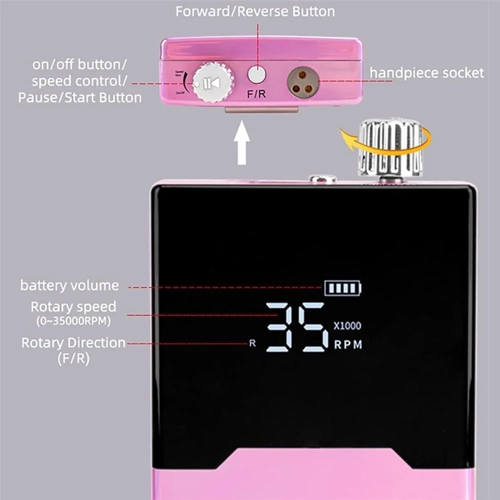 دستگاه سوهان برقی ناخن حرفه ای، 40000 دور در دقیقه، با نمایشگر سرعت و 6 سر سوهان، برای پدیکور ناخن های ژلی آکریلیک