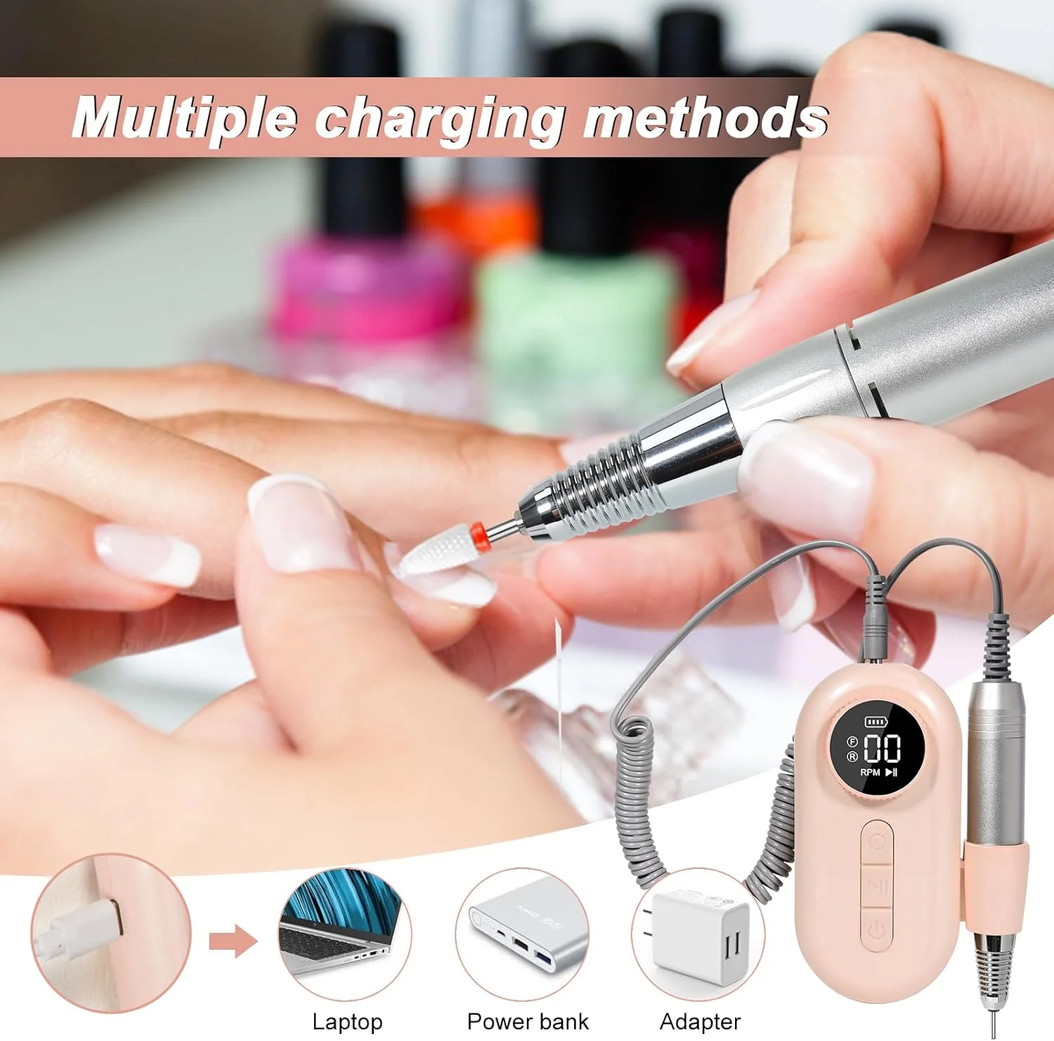 دستگاه سوهان برقی ناخن حرفه ای قابل شارژ WTAIS با سرعت 35000 دور در دقیقه، سوهان برقی قابل حمل Scamander با 7 سری و نوارهای سنباده برای ناخن های اکریلیک، کاشت ناخن، ژل، پولیش و کوتیکول - نقره ای