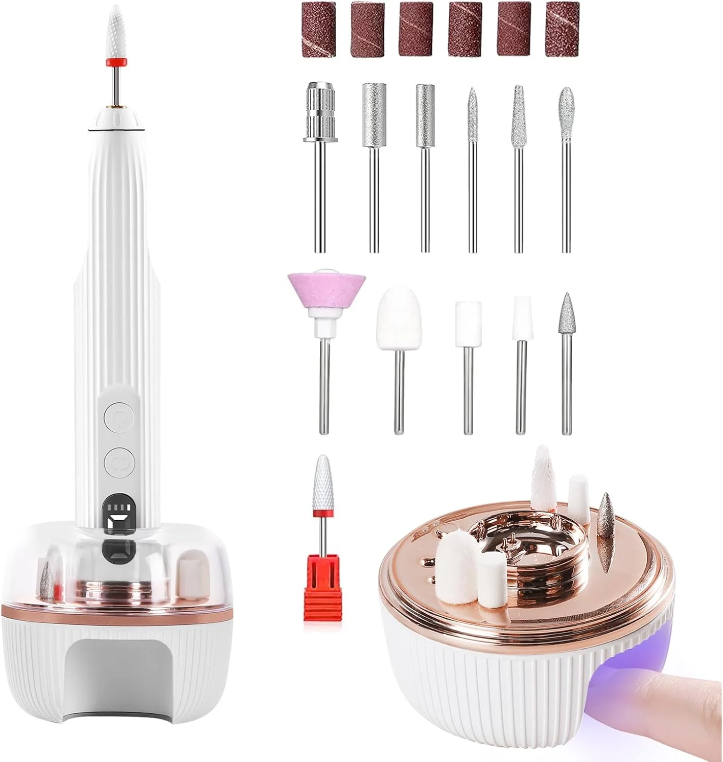 ست سوهان برقی ناخن حرفه ای، شامل دستگاه سوهان برقی ناخن، لامپ UV LED ناخن، 12 سر سوهان و پایه شارژ، دستگاه قابل حمل و شارژی سوهان برقی ناخن، ابزار مراقبت از دست و پا با 5 سرعت برای از بین بردن ناخن های اکریلیک