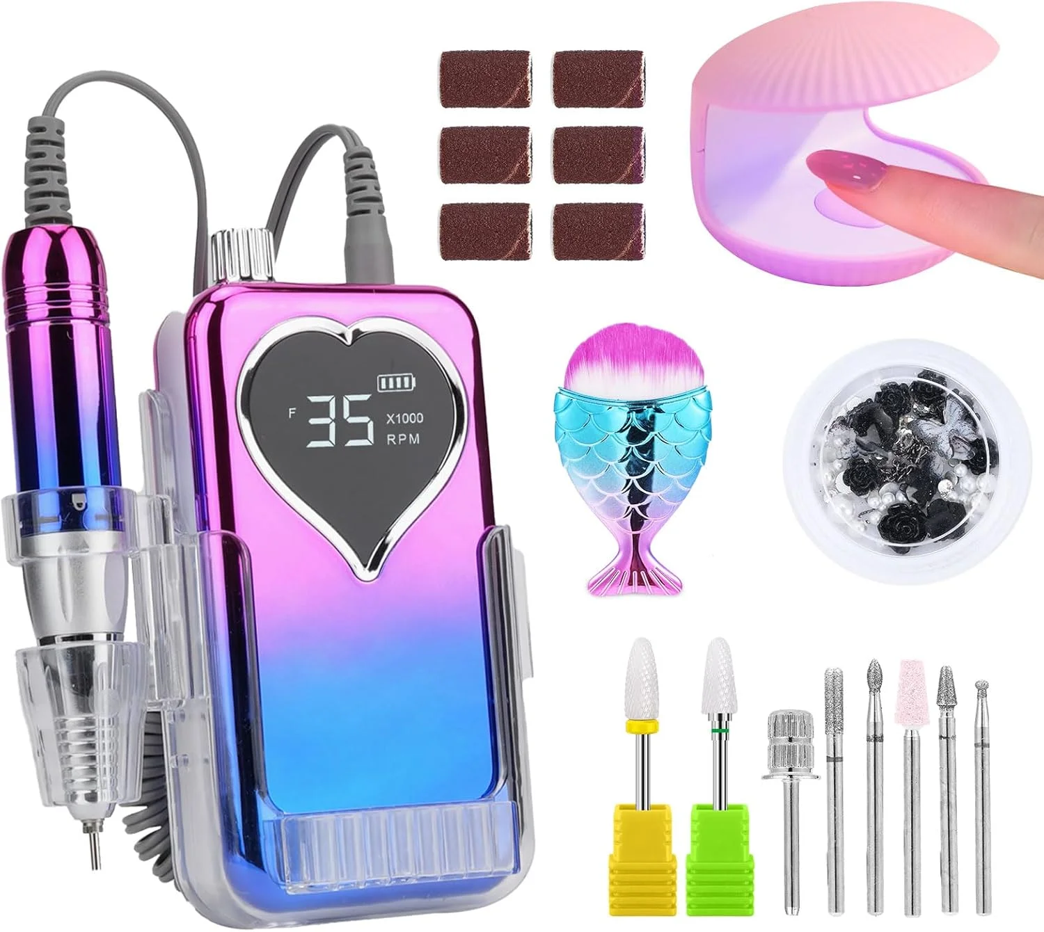 دستگاه سوهان برقی ناخن حرفه ای برای ناخن های اکریلیک، ست ابزار سوهان برقی 35000 دور در دقیقه، کیت قابل حمل سوهان برقی شارژی مانیکور پدیکور مناسب استفاده در منزل و سالن