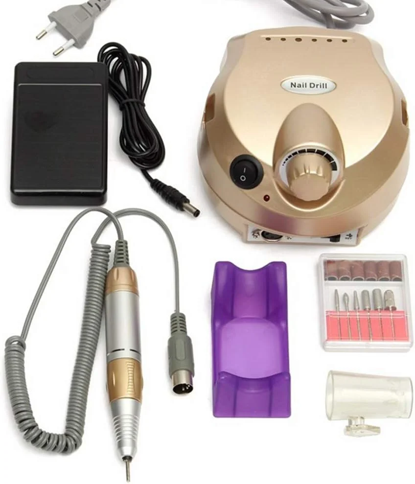 ست دریل ناخن حرفه ای با قلم پولیش، 6 سر دریل و پدال پا، سوهان برقی ناخن 30000 دور در دقیقه برای استفاده در سالن و منزل
