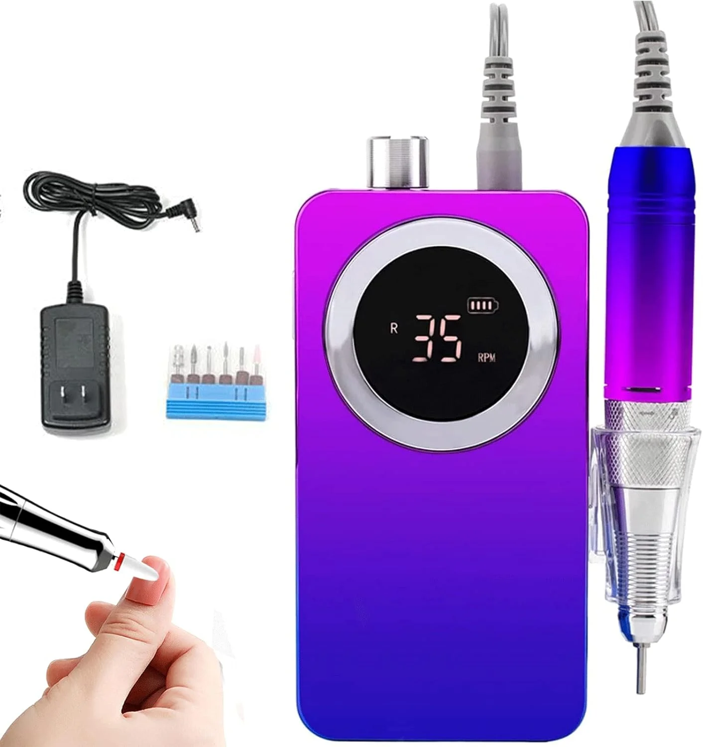 دستگاه پولیش ناخن قابل حمل با شیب رنگی، دریل برقی ناخن، سوهان برقی ناخن، دستگاه مانیکور و پدیکور شارژی بی سیم 35000 دور در دقیقه برای سالن ناخن