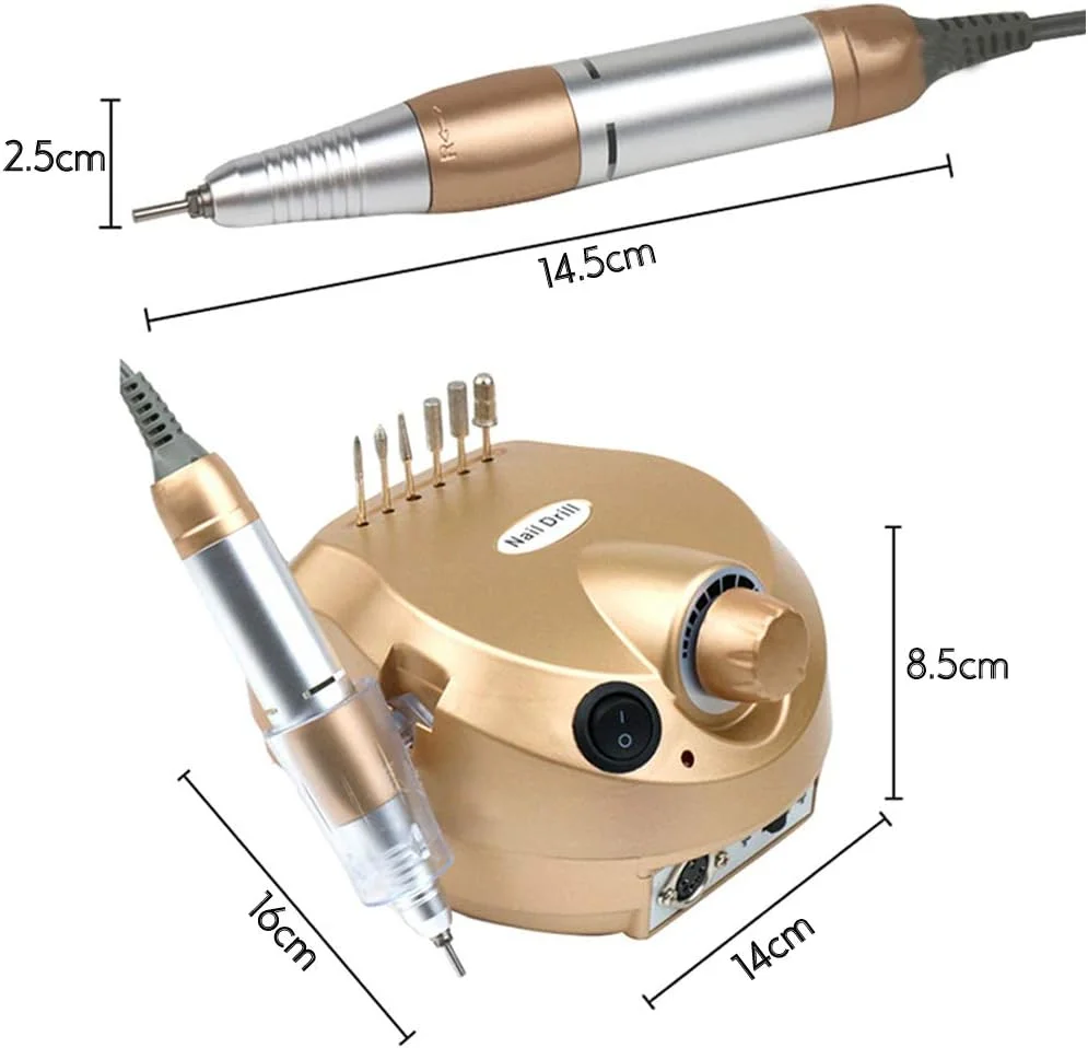 ست دریل ناخن حرفه ای با قلم پولیش، 6 سر دریل و پدال پا، سوهان برقی ناخن 30000 دور در دقیقه برای استفاده در سالن و منزل