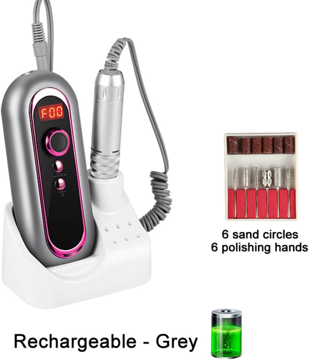 دستگاه سوهان برقی ناخن حرفه ای 30000 دور در دقیقه، قابل شارژ، قابل حمل، مناسب برای کاشت اکریلیک، ژل، مانیکور و پدیکور (رنگ: خاکستری)