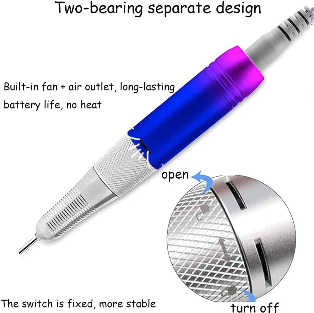 دستگاه پولیش ناخن قابل حمل با شیب رنگی، دریل برقی ناخن، سوهان برقی ناخن، دستگاه مانیکور و پدیکور شارژی بی سیم 35000 دور در دقیقه برای سالن ناخن