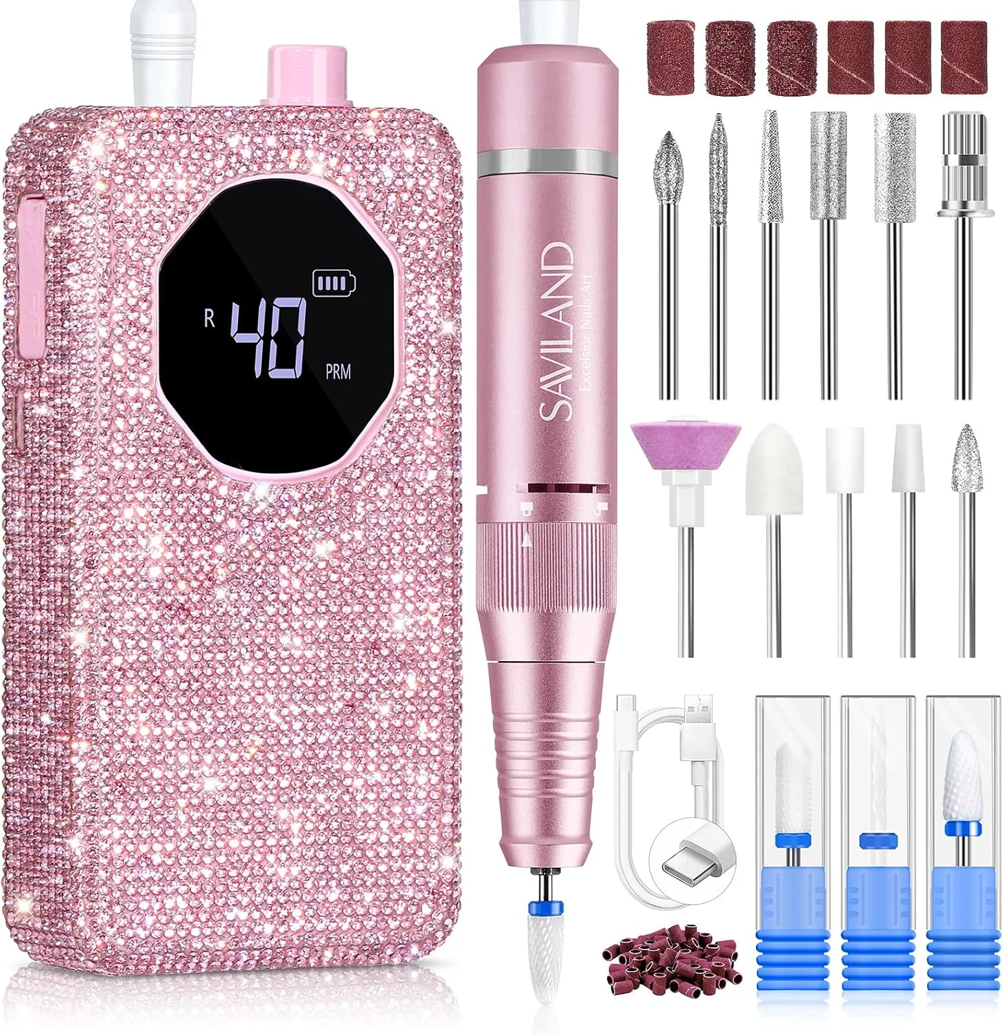 دستگاه سوهان برقی ناخن حرفه ای ساویلند 40000 دور در دقیقه: سوهان برقی قابل حمل برای ناخن های اکریلیک ضخیم با سر سوهان های سرامیکی و فلزی، نوارهای سنباده، باتری 4000 میلی آمپر ساعتی، نمایشگر LCD