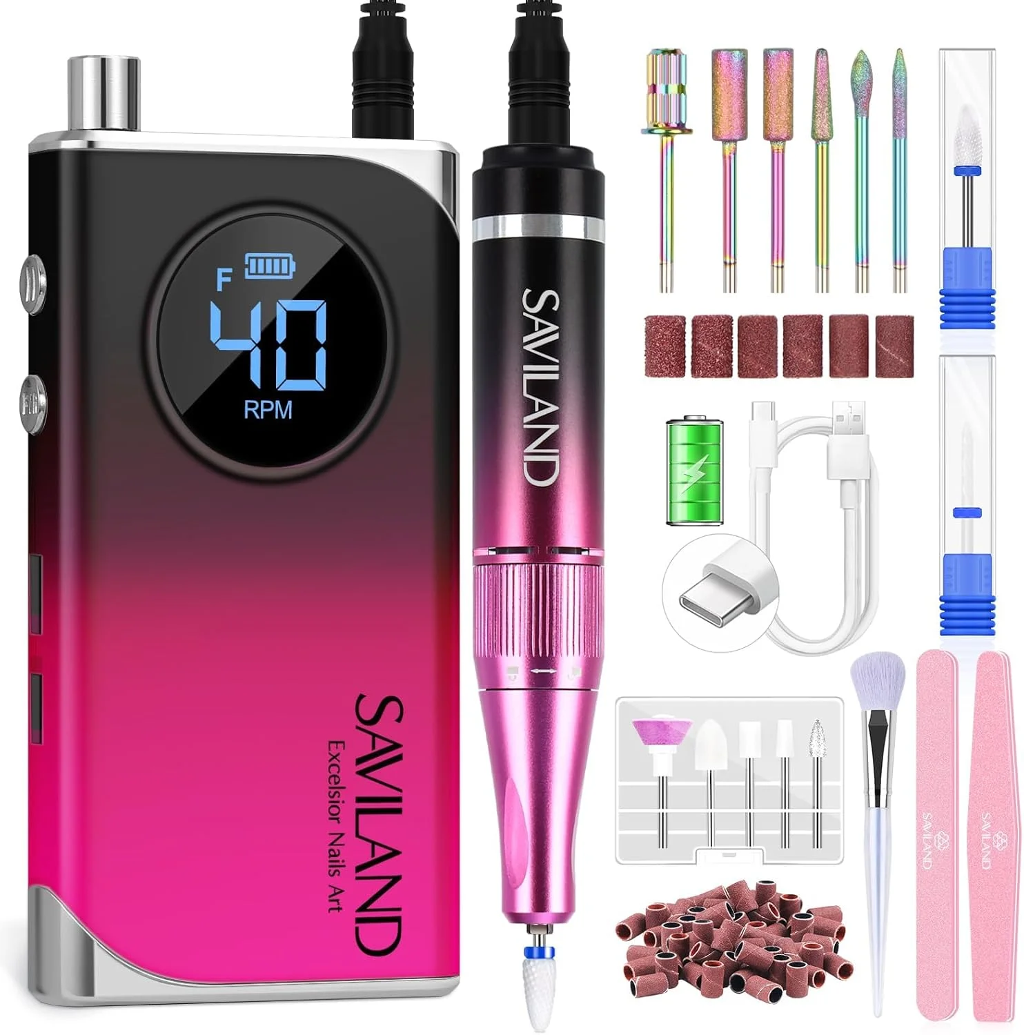 دستگاه سوهان برقی ناخن حرفه ای ساویلند: سوهان ناخن شارژی 40000 دور در دقیقه با باتری 4000 میلی آمپر ساعتی، سرامیکی و نوارهای سنباده برای مانیکور، پدیکور، فرم دهی و حذف اکریلیک مناسب استفاده در سالن