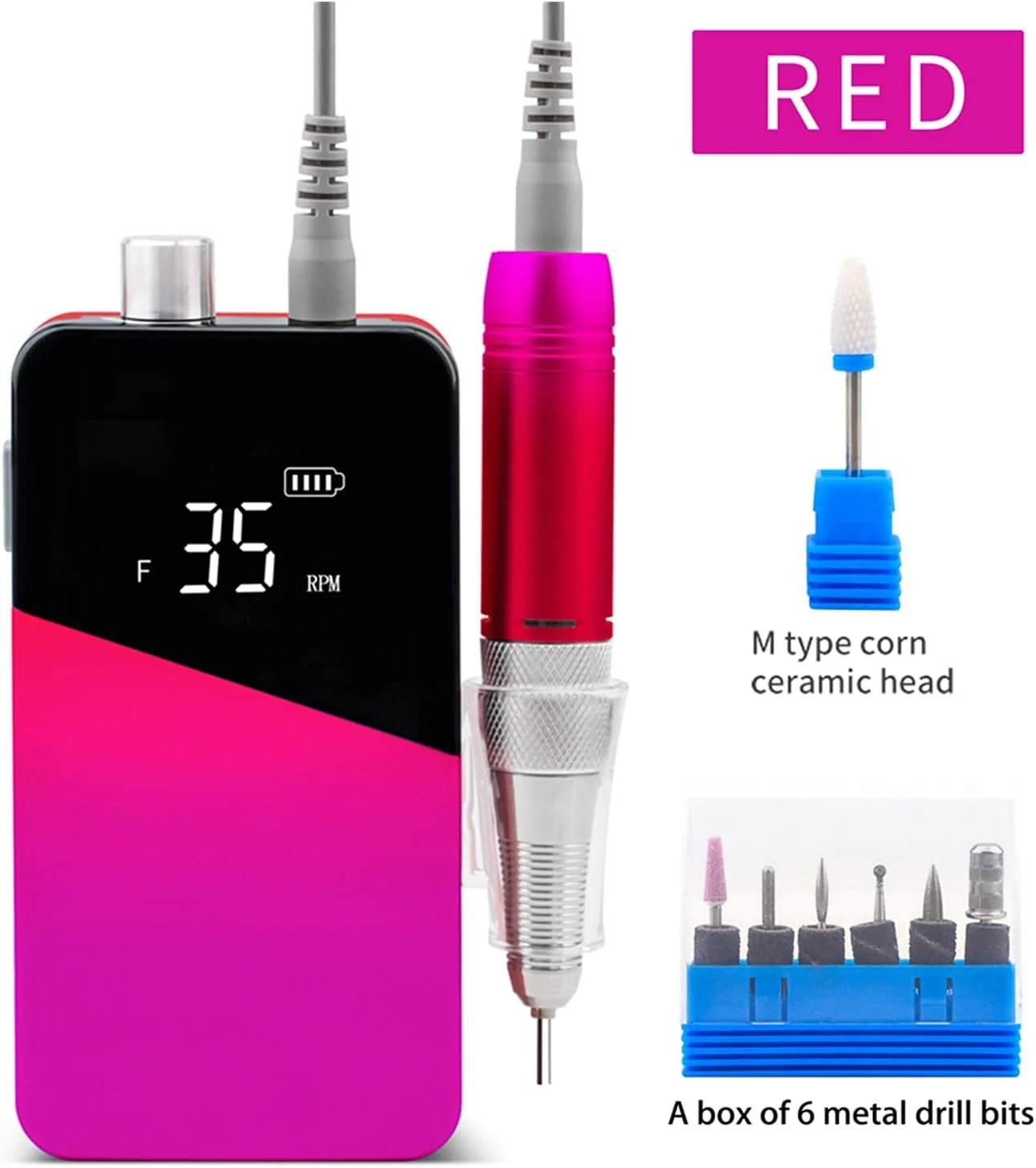 دستگاه مانیکور پدیکور برقی قابل حمل و شارژی ZAIED با رنگ گرادیانی، سرعت 35000 دور در دقیقه (رنگ: قرمز)