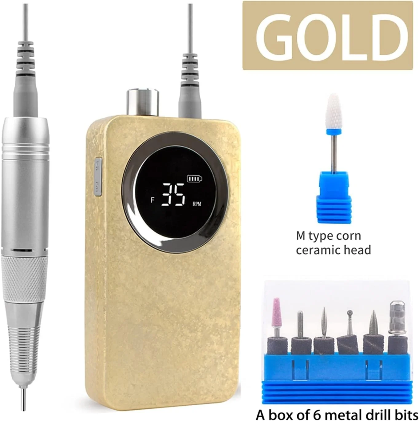 دستگاه سوهان برقی ناخن STUFY، بی سیم، 35000 دور در دقیقه، به همراه مجموعه مته برای ابزار حرفه ای زیبایی، مته های بی سیم برای ناخن های طبیعی، لاک ژل (رنگ: طلایی) دستگاه سوهان برقی ناخن STUFY، بی سیم، 35000 دور در دقیقه، به همراه مجموعه مته برای ابزار حرفه ای زیبایی، مته های بی سیم برای ناخن های طبیعی، لاک ژل (رنگ: طلایی)