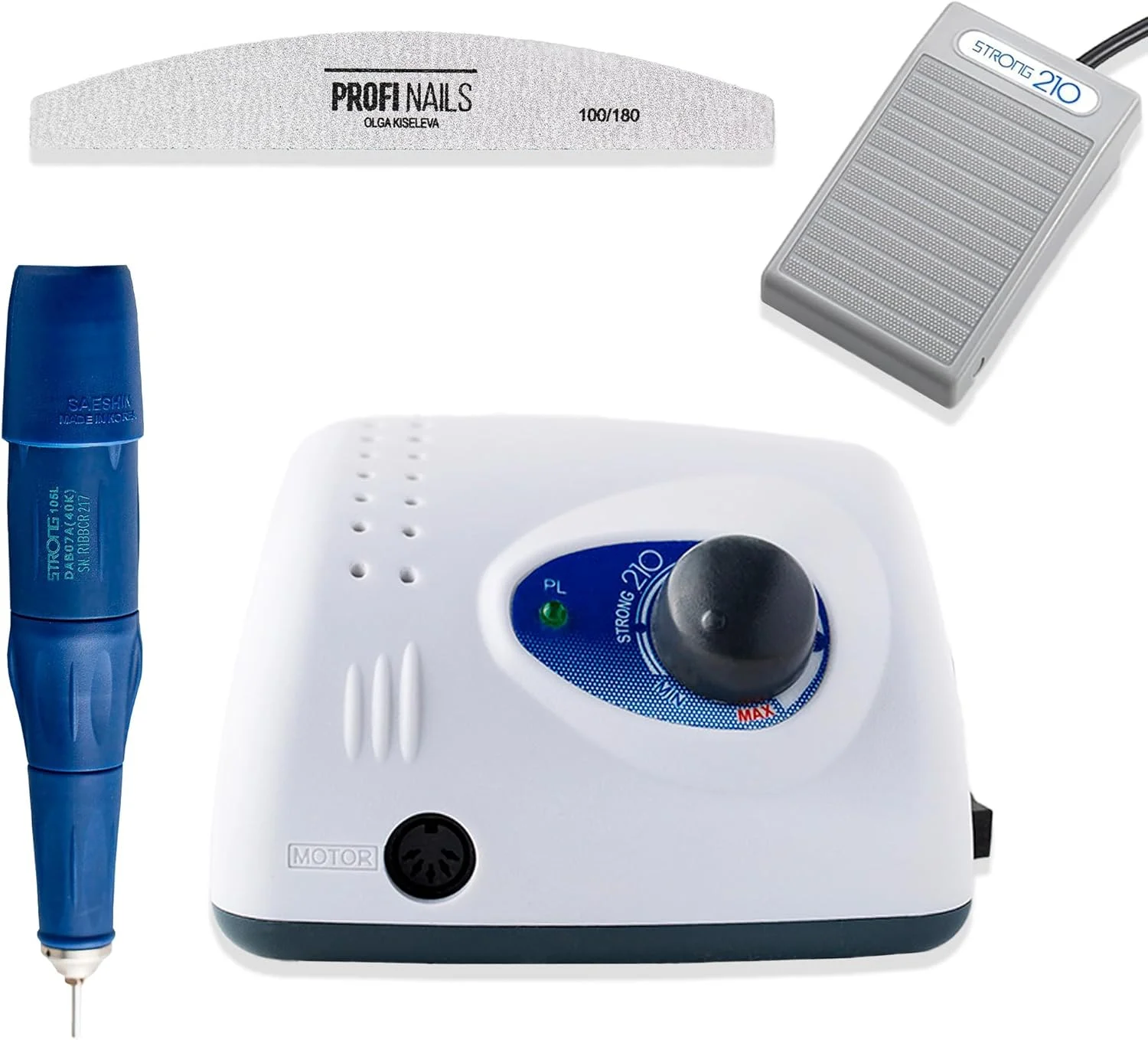 دستگاه مانیکور و پدیکور استرانگ مدل 210/105L با سرعت 40000 دور در دقیقه به همراه پایه نگهدارنده هندپیس موتور و ست مانیکور و پدیکور