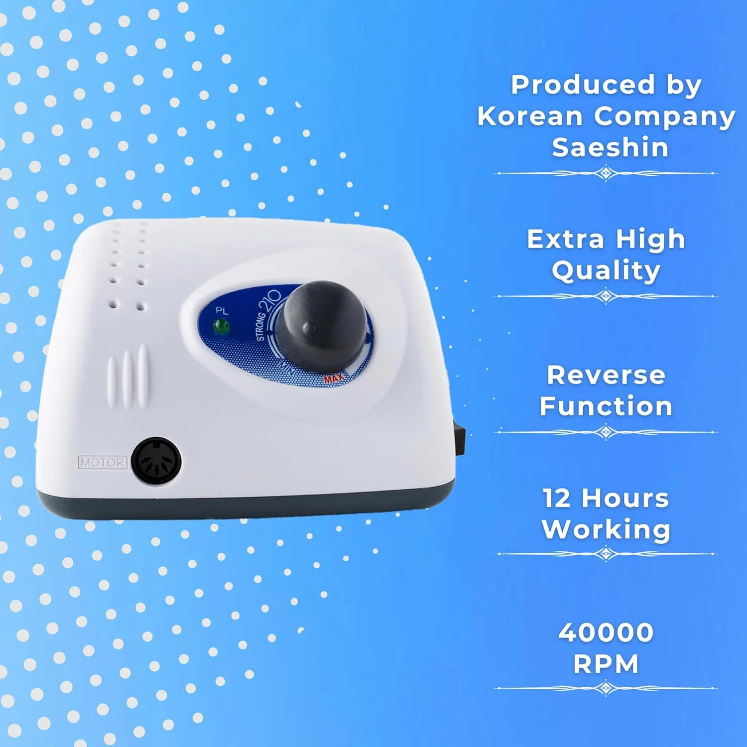 دستگاه مانیکور و پدیکور استرانگ مدل 210/105L با سرعت 40000 دور در دقیقه به همراه پایه نگهدارنده هندپیس موتور و ست مانیکور و پدیکور