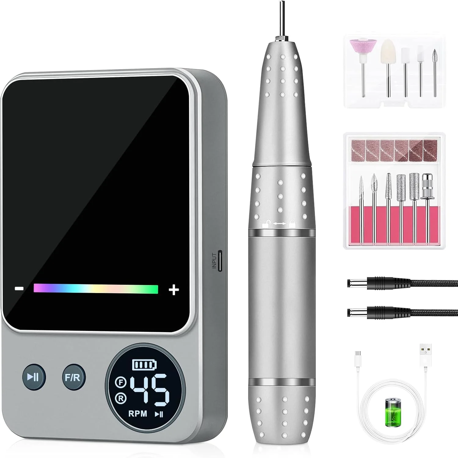 دستگاه سوهان برقی ناخن حرفه ای Urbuti، 45000 دور در دقیقه، سوهان برقی ناخن قابل شارژ با ظرفیت بالا 4000 میلی آمپر ساعت، 11 سر سوهان، از بین برنده لاک ژل، مناسب برای مانیکور ناخن های اکریلیک در سالن و منزل (خاکستری)