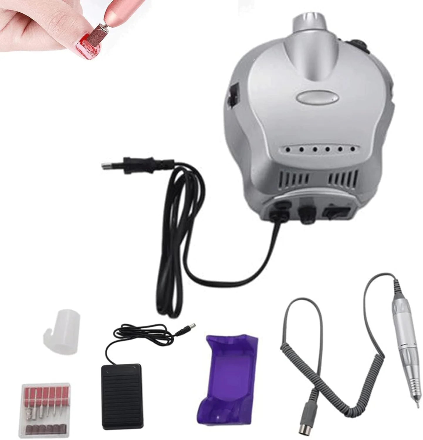 دستگاه سوهان ناخن، کیت ارتقا یافته مانیکور و پدیکور 30000 دور در دقیقه، سوهان برقی ناخن، برای ناخن های اکریلیک، ناخن ژل، پولیشر طراحی ناخن با 6 سر سوهان، حرارت کم، صدای کم، لرزش کم، نقره ای
