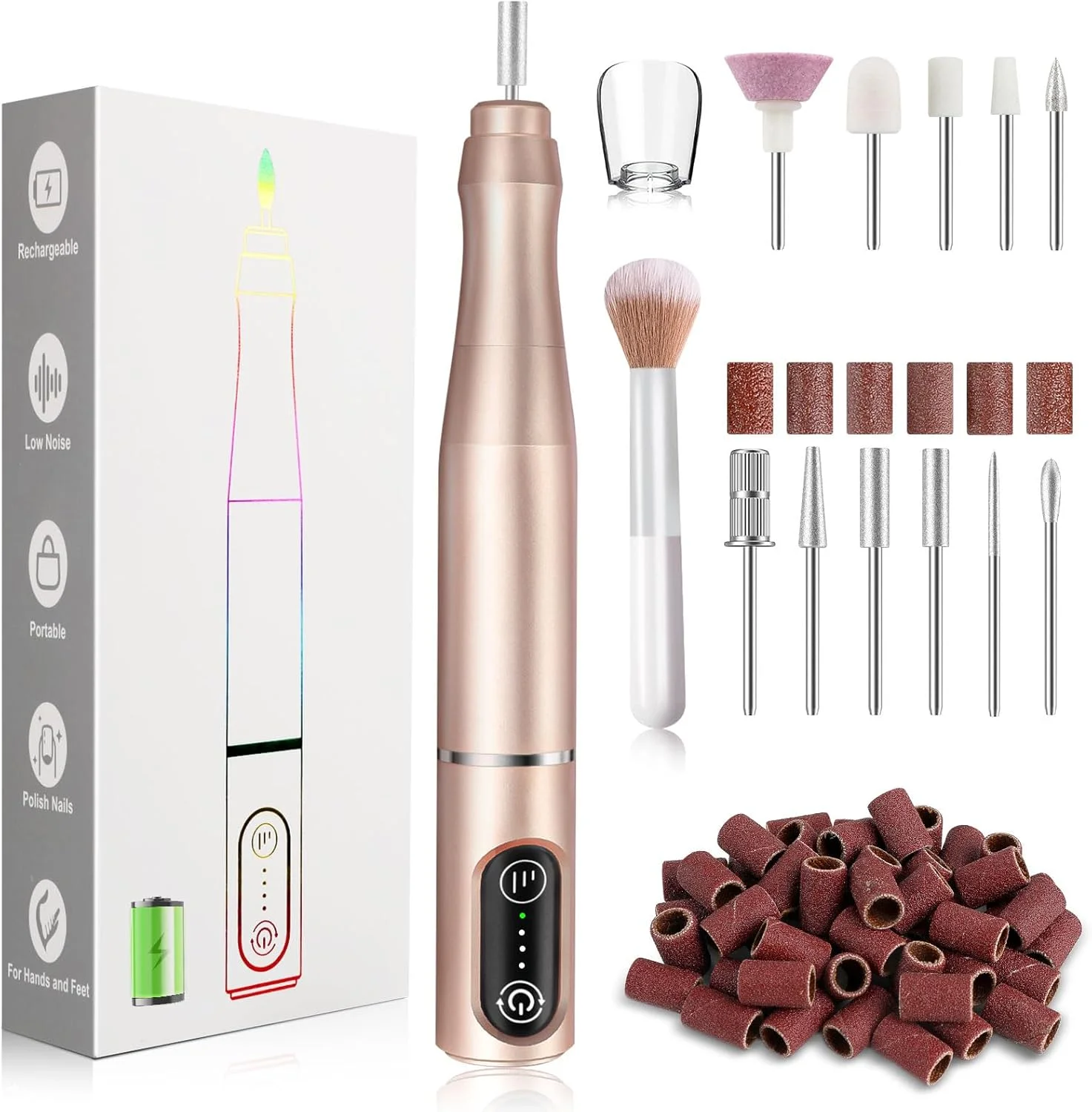 ست سوهان برقی ناخن بی سیم TUOBEO، کیت قابل شارژ برقی، ماشین مانیکور پدیکور قابل حمل حرفه ای با 11 سر سوهان و 56 نوار سنباده برای استفاده در سالن و منزل (طلایی)