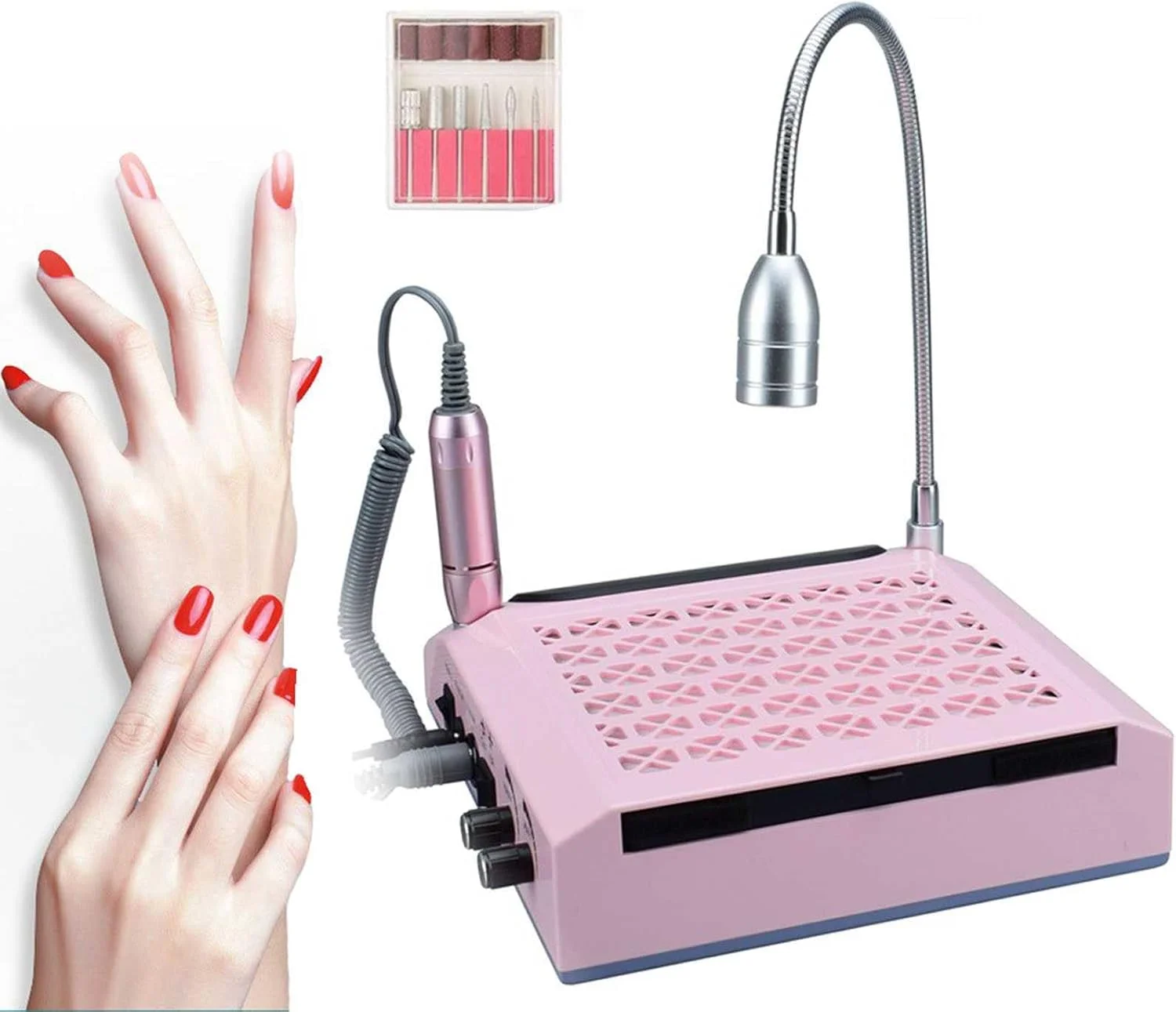 ست دستگاه مانیکور برقی 4 در 1 تمکین، قلم دریل ناخن، دستگاه جمع کننده گرد و غبار ناخن 80 وات، لامپ LED برای خشک کردن لاک، ابزار مانیکور برای استفاده در سالن و منزل