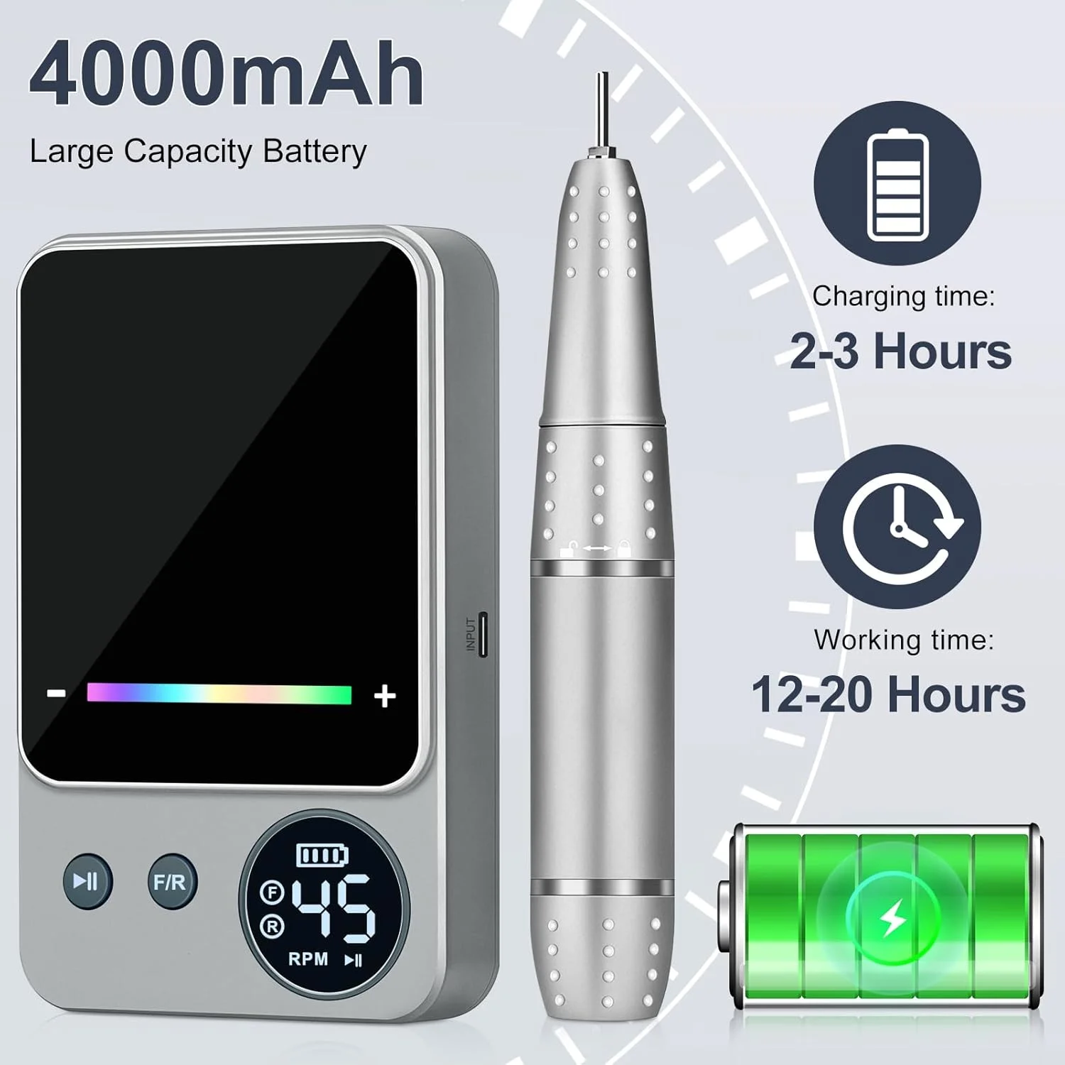 دستگاه سوهان برقی ناخن حرفه ای Urbuti، 45000 دور در دقیقه، سوهان برقی ناخن قابل شارژ با ظرفیت بالا 4000 میلی آمپر ساعت، 11 سر سوهان، از بین برنده لاک ژل، مناسب برای مانیکور ناخن های اکریلیک در سالن و منزل (خاکستری)