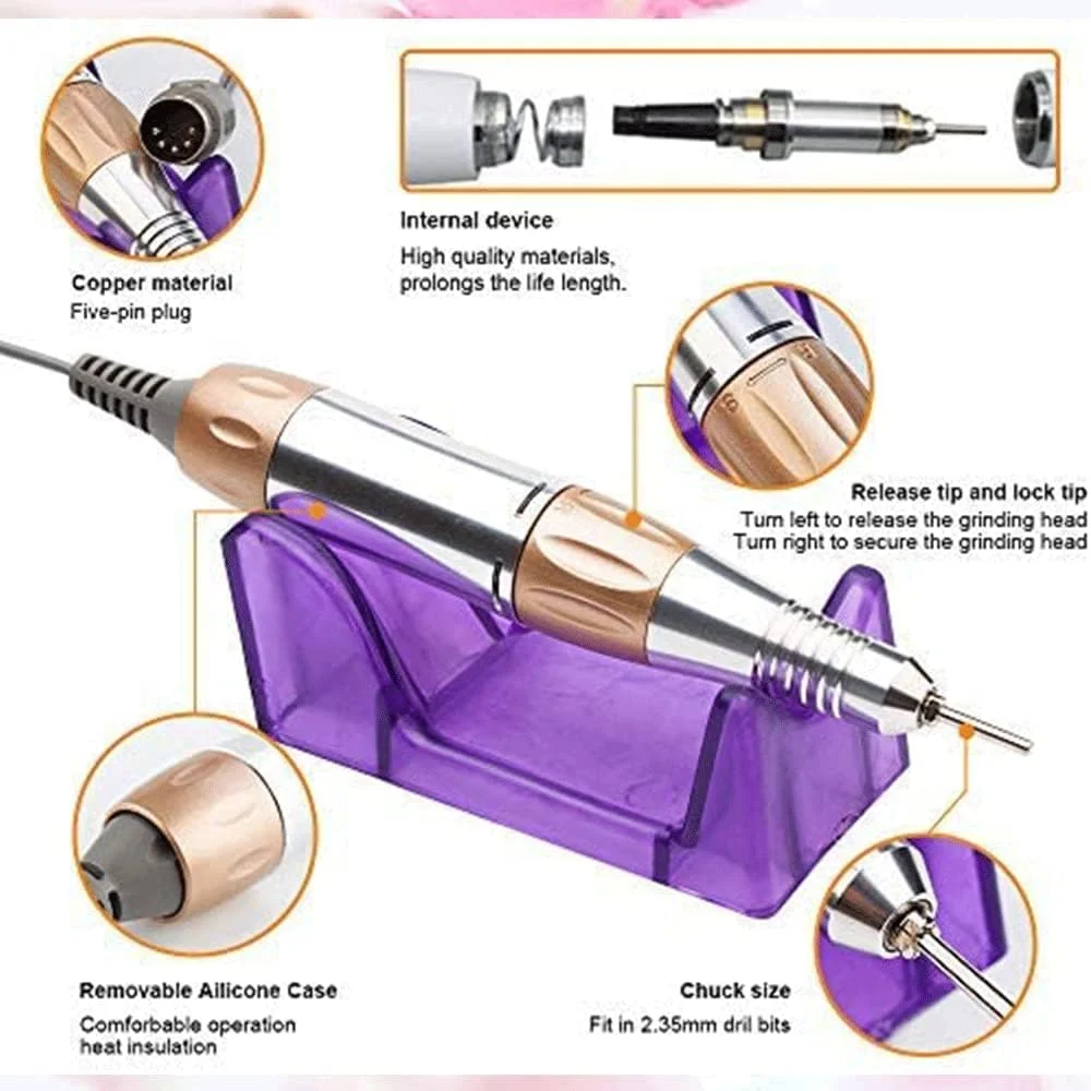 دستگاه سوهان ناخن، کیت ارتقا یافته مانیکور و پدیکور 30000 دور در دقیقه، سوهان برقی ناخن، برای ناخن های اکریلیک، ناخن ژل، پولیشر طراحی ناخن با 6 سر سوهان، حرارت کم، صدای کم، لرزش کم، نقره ای