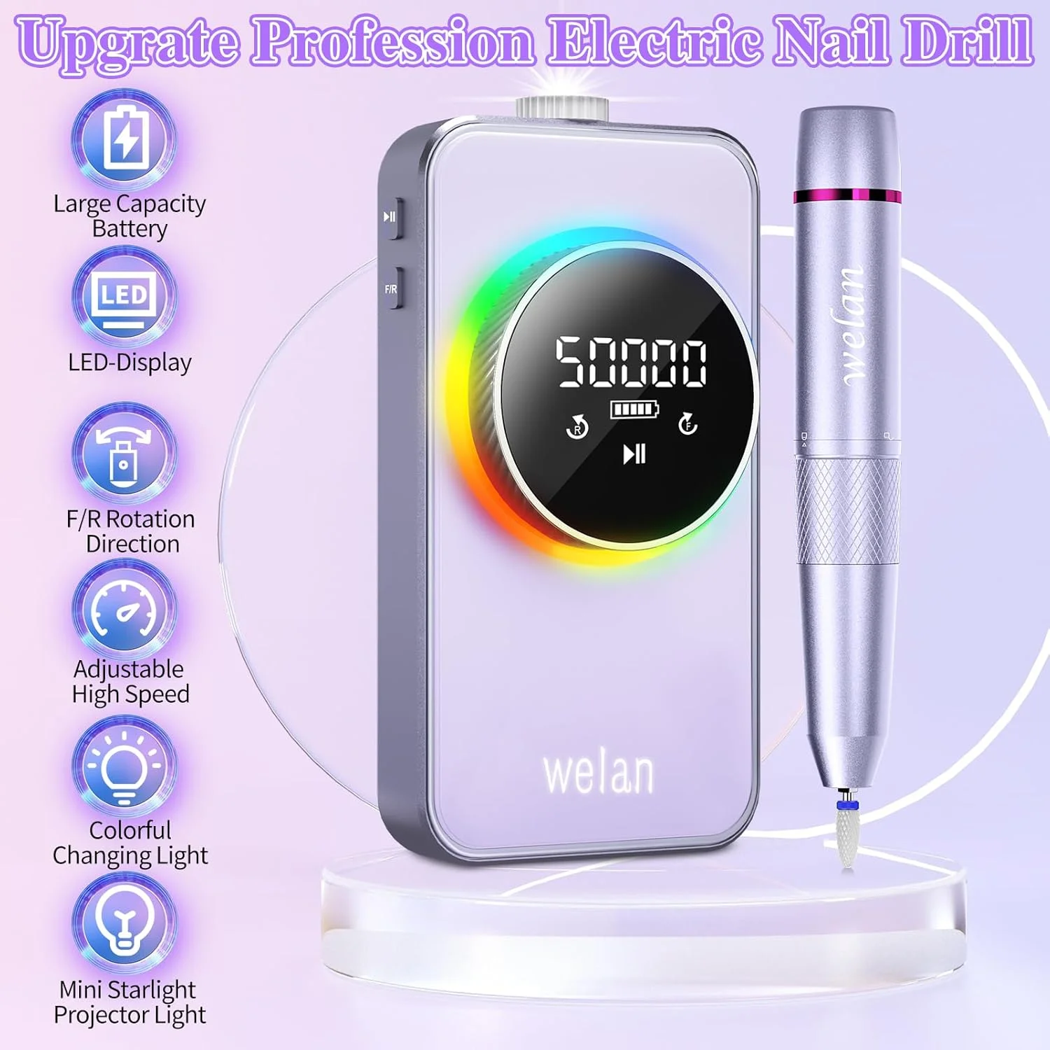 دستگاه سوهان برقی ناخن حرفه ای ولان، 50000 دور در دقیقه، کیت سوهان برقی قابل حمل، دستگاه شارژی 6000 میلی آمپر ساعتی برای ناخن های اکریلیک ژل، مانیکور پدیکور، پولیش ناخن برای سالن و منزل، بنفش