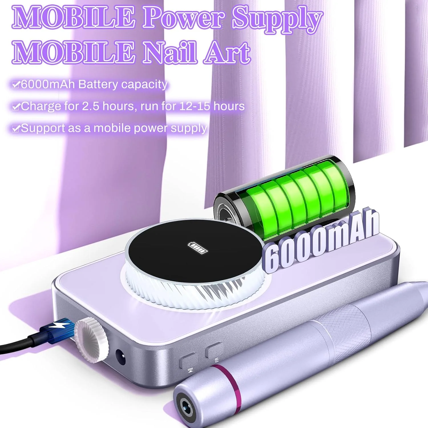 دستگاه سوهان برقی ناخن حرفه ای ولان، 50000 دور در دقیقه، کیت سوهان برقی قابل حمل، دستگاه شارژی 6000 میلی آمپر ساعتی برای ناخن های اکریلیک ژل، مانیکور پدیکور، پولیش ناخن برای سالن و منزل، بنفش