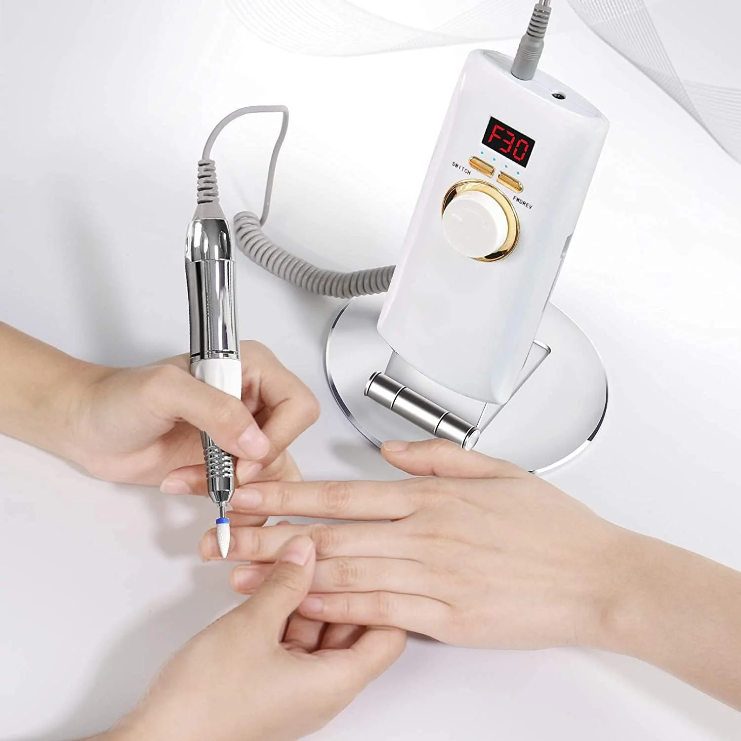 دستگاه سوهان برقی ناخن قابل حمل X&Z-XAOY - دستگاه دریل ناخن بی سیم 30000 دور در دقیقه برای ناخن های اکریلیک، موتور براشلس قدرتمند با صدای کم مناسب سالن ناخن، سفید