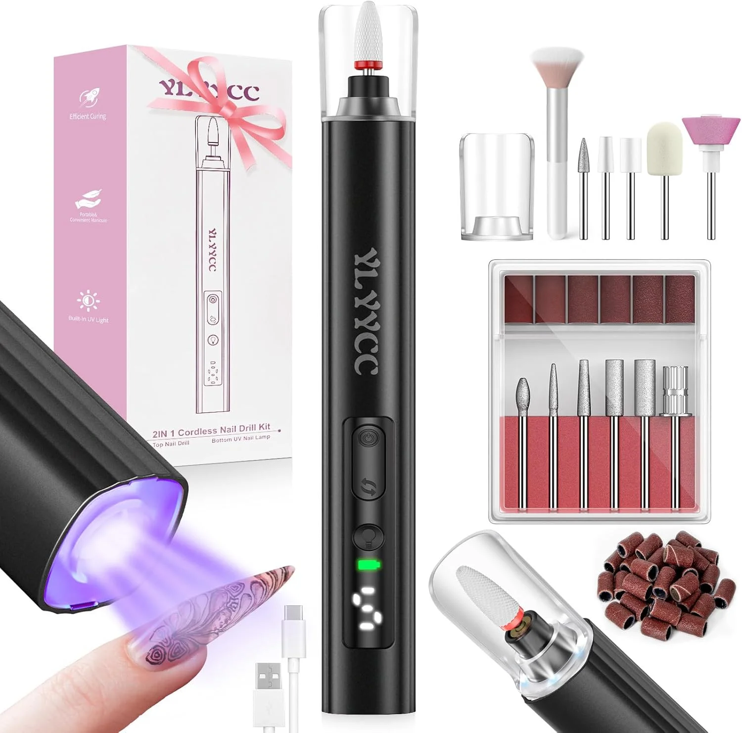 دستگاه سوهان برقی ناخن بی سیم YLYYCC با لامپ UV ناخن: حرفه ای برای ناخن های پودر اکریلیک ژل، ست دستگاه سوهان ناخن قابل حمل برای مانیکور پدیکور، قابل شارژ و سبک