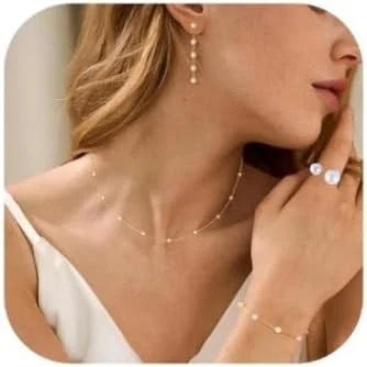 ست جواهرات طلایی ظریف زنانه NALACAL، گردنبند مرواریدی با روکش طلای 14 عیار/نقره، گوشواره های آویز، دستبند و چوکر - هدیه جواهرات عروسی عالی برای همسر، عروس، ساقدوش عروس