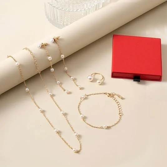 ست جواهرات طلایی ظریف زنانه NALACAL، گردنبند مرواریدی با روکش طلای 14 عیار/نقره، گوشواره های آویز، دستبند و چوکر - هدیه جواهرات عروسی عالی برای همسر، عروس، ساقدوش عروس ست جواهرات طلایی ظریف زنانه NALACAL، گردنبند مرواریدی با روکش طلای 14 عیار/نقره، گوشواره های آویز، دستبند و چوکر - هدیه جواهرات عروسی عالی برای همسر، عروس، ساقدوش عروس