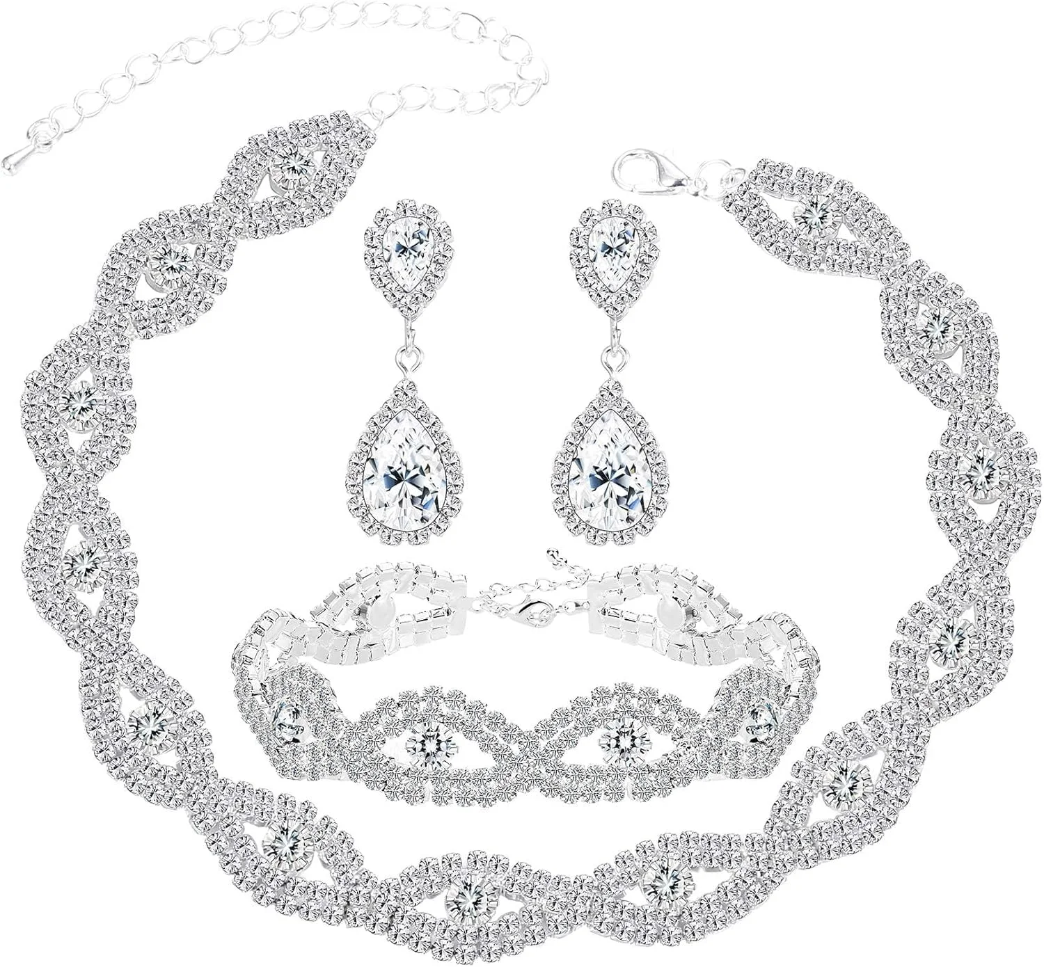 ست جواهرات عروس زنانه شامل گردنبند نگین‌دار، گوشواره‌های آویز اشکی، دستبند کریستالی، ست جواهرات ساقدوش عروس مناسب مهمانی عروسی و جشن، گردنبند 41 سانتی‌متری + دستبند 21.5 سانتی‌متری، نگین‌دار، بدون