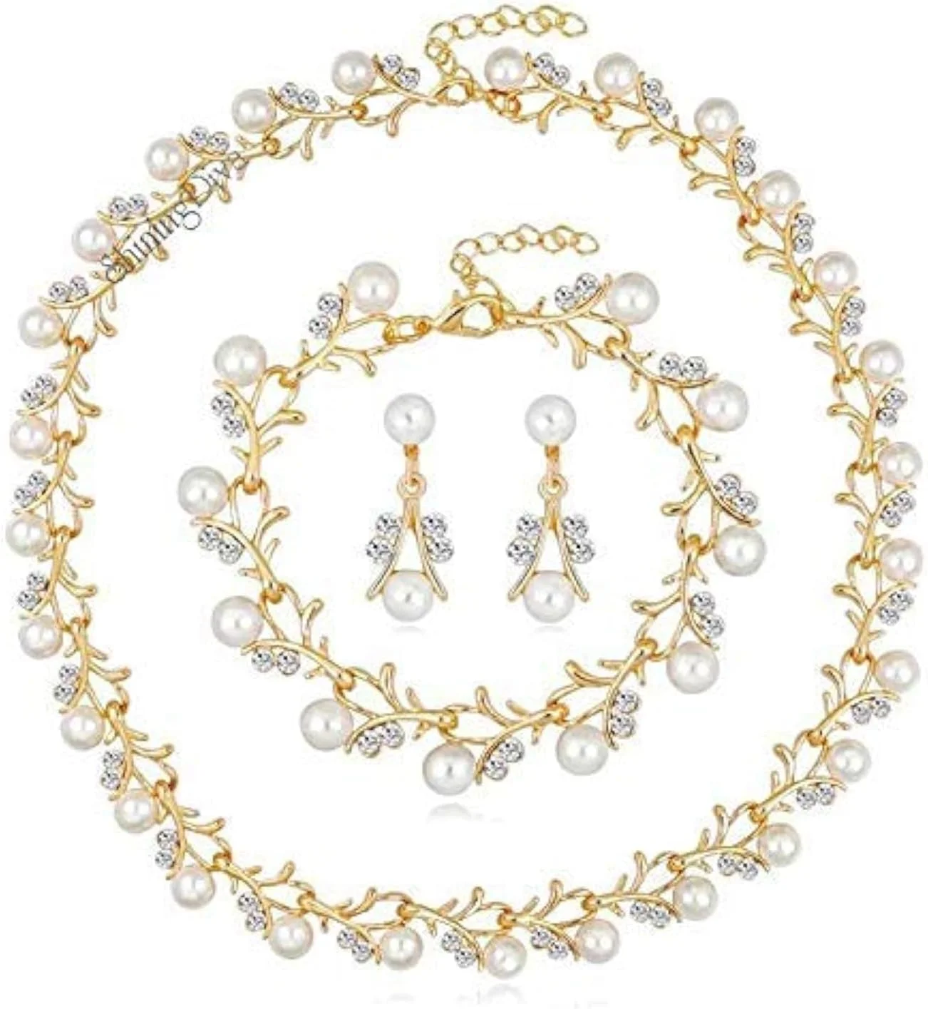 ست جواهرات زنانه شامل گردنبند، گوشواره و دستبند مرواریدی با روکش طلای طرح جدید Shining Diva (طرح 04-طلایی) (rrsd10333s)