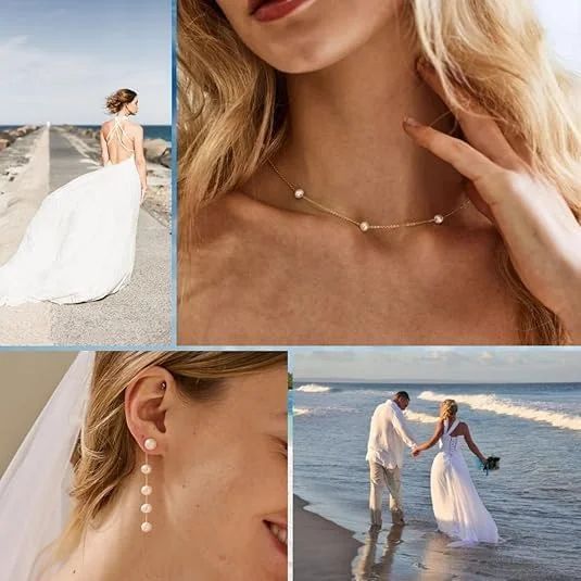 ست جواهرات طلایی ظریف زنانه NALACAL، گردنبند مرواریدی با روکش طلای 14 عیار/نقره، گوشواره های آویز، دستبند و چوکر - هدیه جواهرات عروسی عالی برای همسر، عروس، ساقدوش عروس ست جواهرات طلایی ظریف زنانه NALACAL، گردنبند مرواریدی با روکش طلای 14 عیار/نقره، گوشواره های آویز، دستبند و چوکر - هدیه جواهرات عروسی عالی برای همسر، عروس، ساقدوش عروس