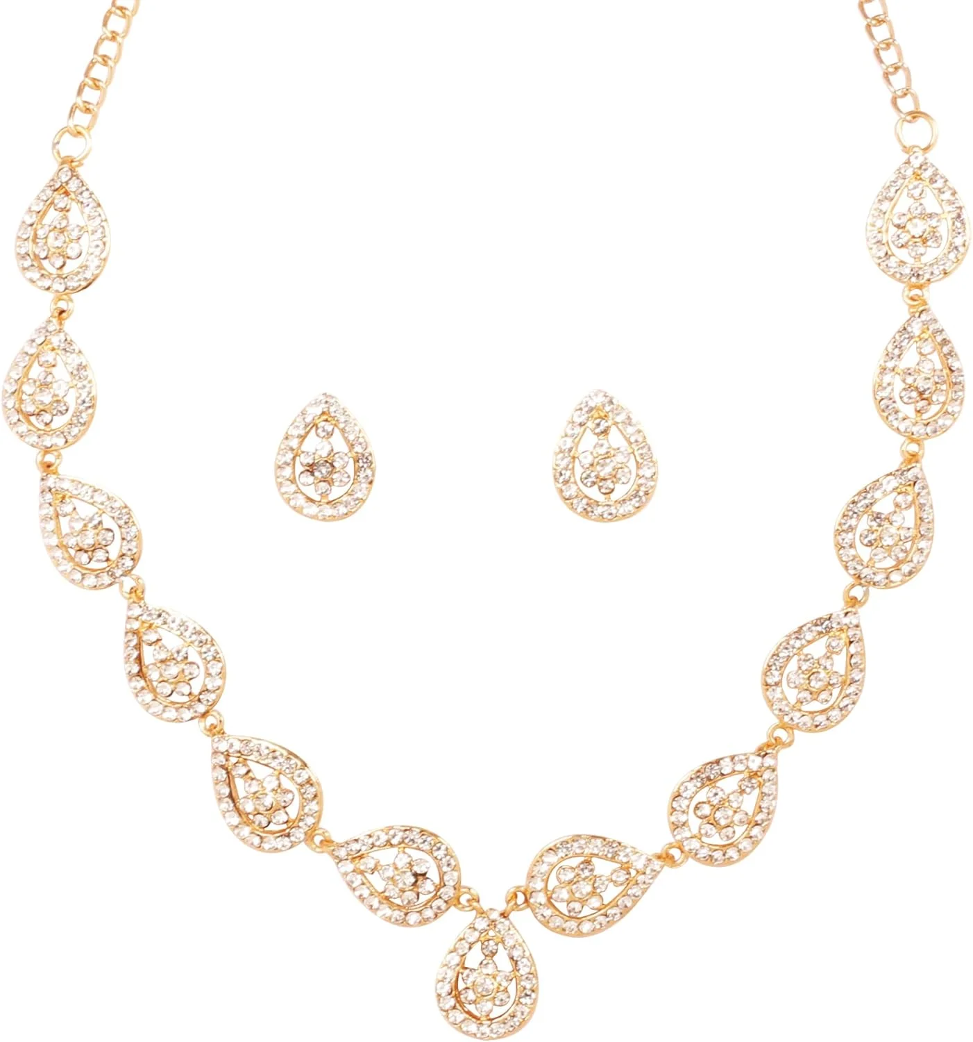 سرویس گردنبند زنانه طرح اشک گلابی، مجلسی و فاخر، کار شده با سنگ های درخشان راین استون، با طراحی الهام گرفته از جواهرات بالیوودی هندی، برند Sunsoul By Touchstone، با روکش طلایی