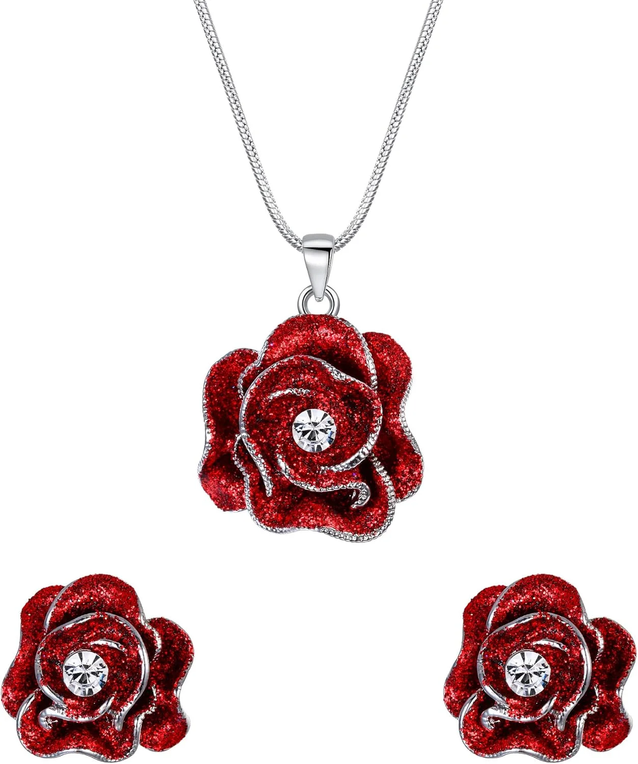 ست جواهرات کاملیا زنانه کلیرین، گردنبند گل کریستالی و گوشواره فرانسوی، نقره‌ای بنفش