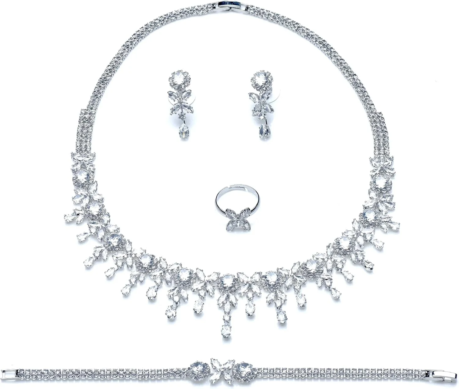 ست جواهرات زنانه Sederyla، شامل گردنبند، گوشواره آویز، دستبند و انگشتر، ست جواهرات با زیرکونیای مکعبی AAA، جواهرات عروسی بدون ایجاد حساسیت برای عروس و ساقدوش